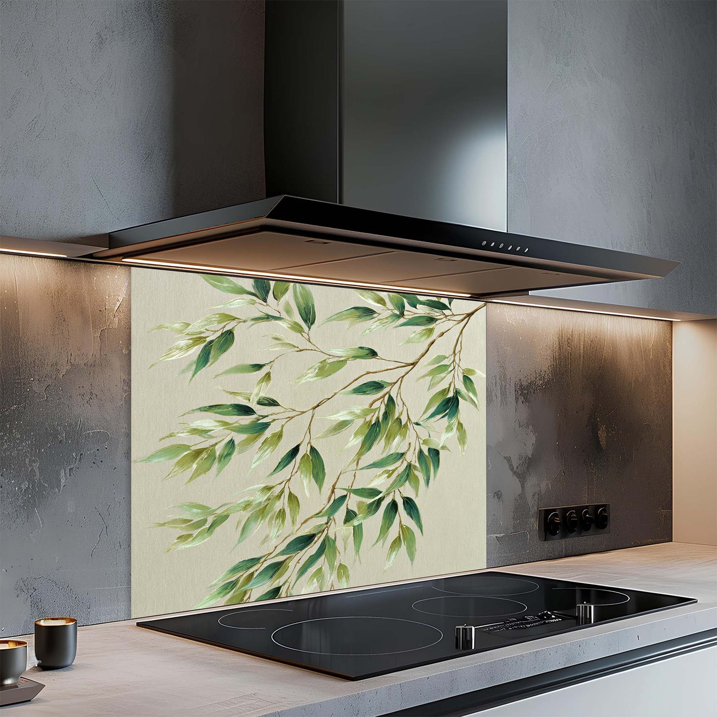 Modern kitchen with a glass splashback featuring green leaves and a black stove.