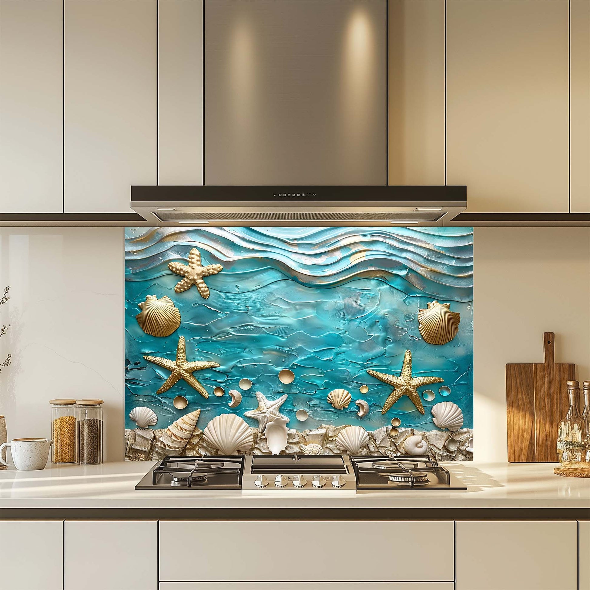 Kitchen backsplash with ocean-themed design featuring starfish and shells.