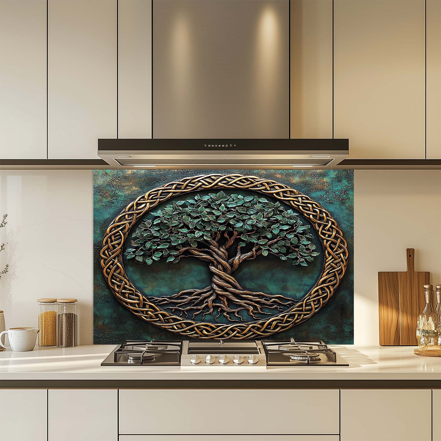 Decorative kitchen backsplash with tree design in a modern kitchen.