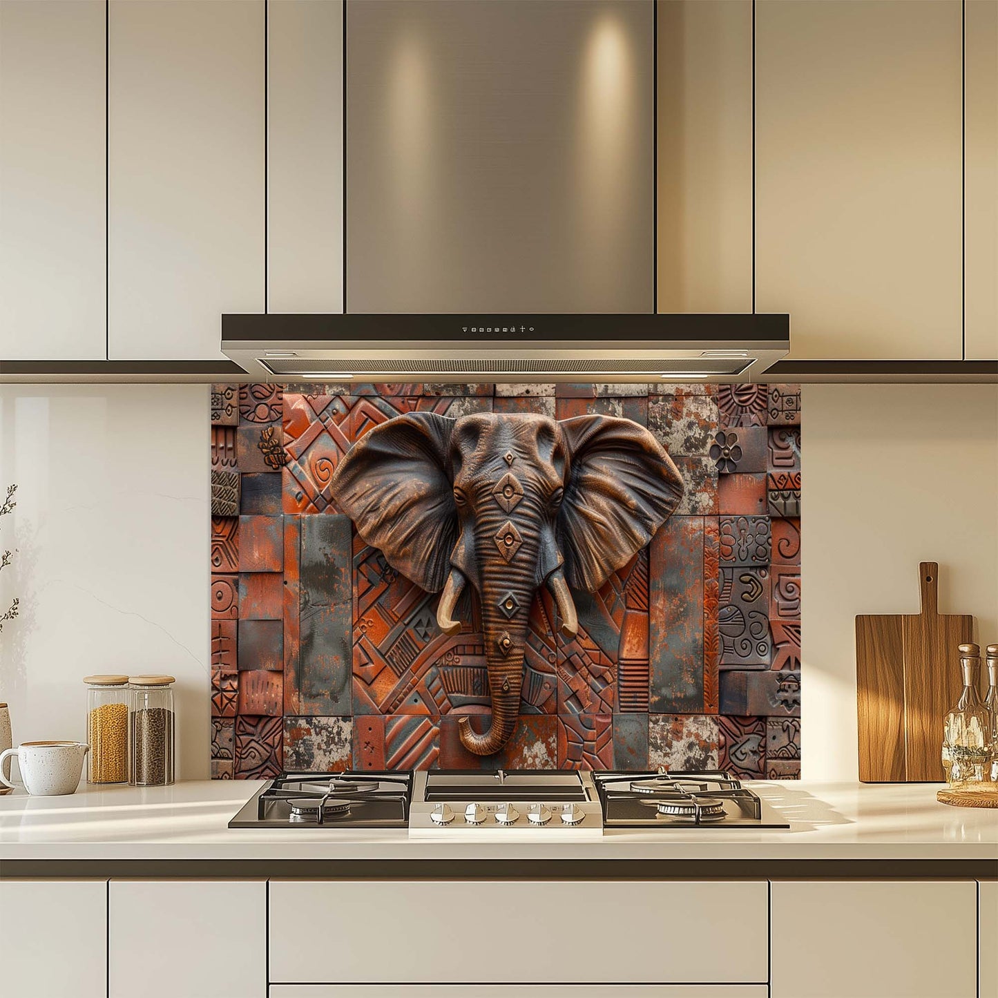Decorative kitchen backsplash with an elephant design in a modern kitchen.