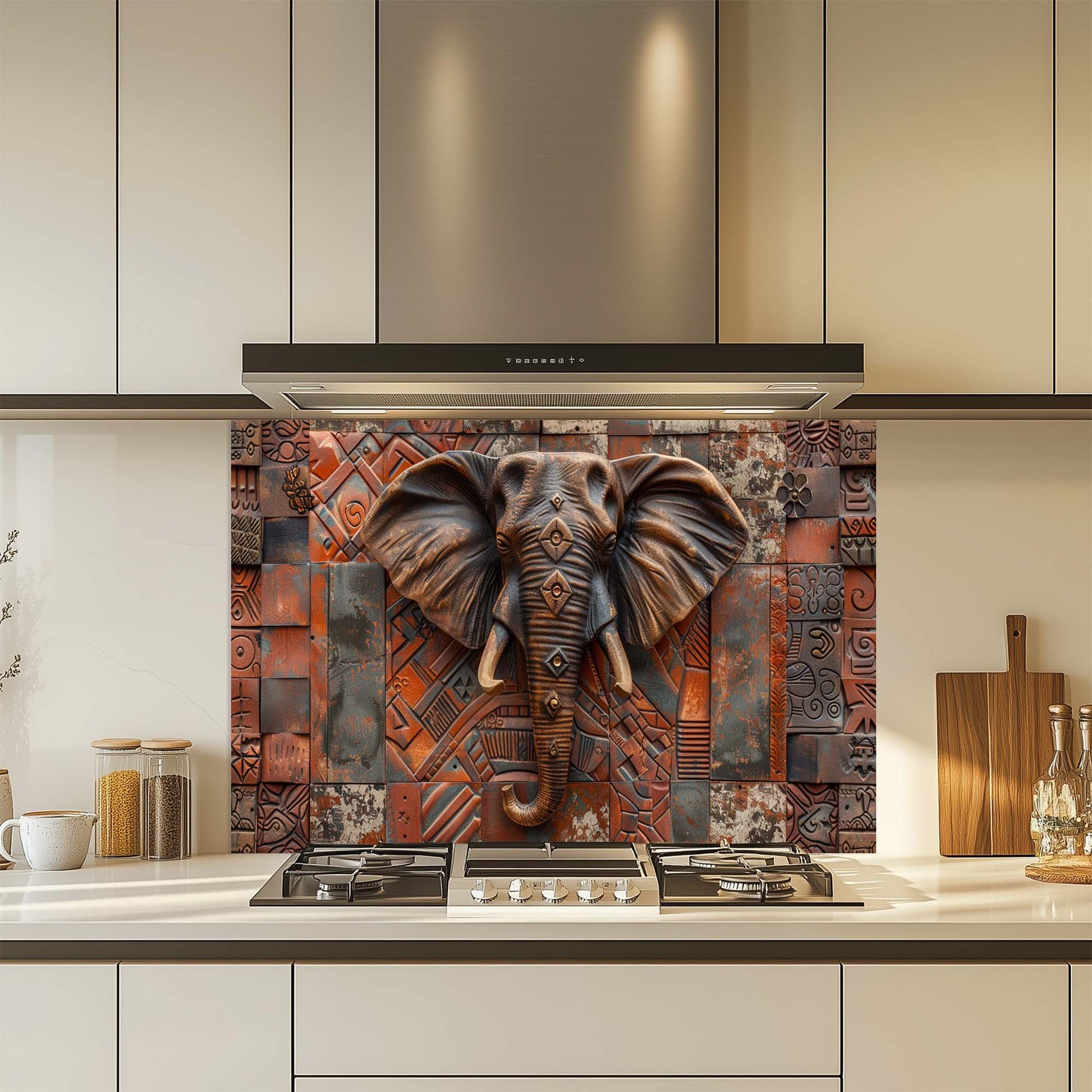 Decorative kitchen backsplash with an elephant design in a modern kitchen.