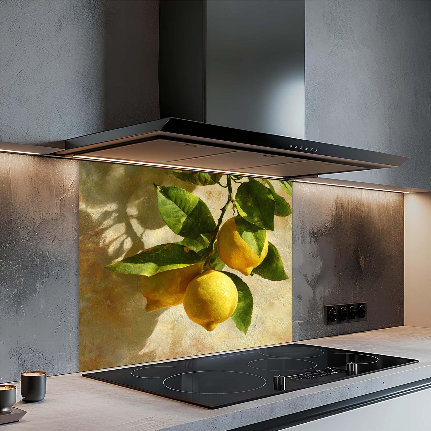 Kitchen with a glass splashback featuring lemons and a modern stove.