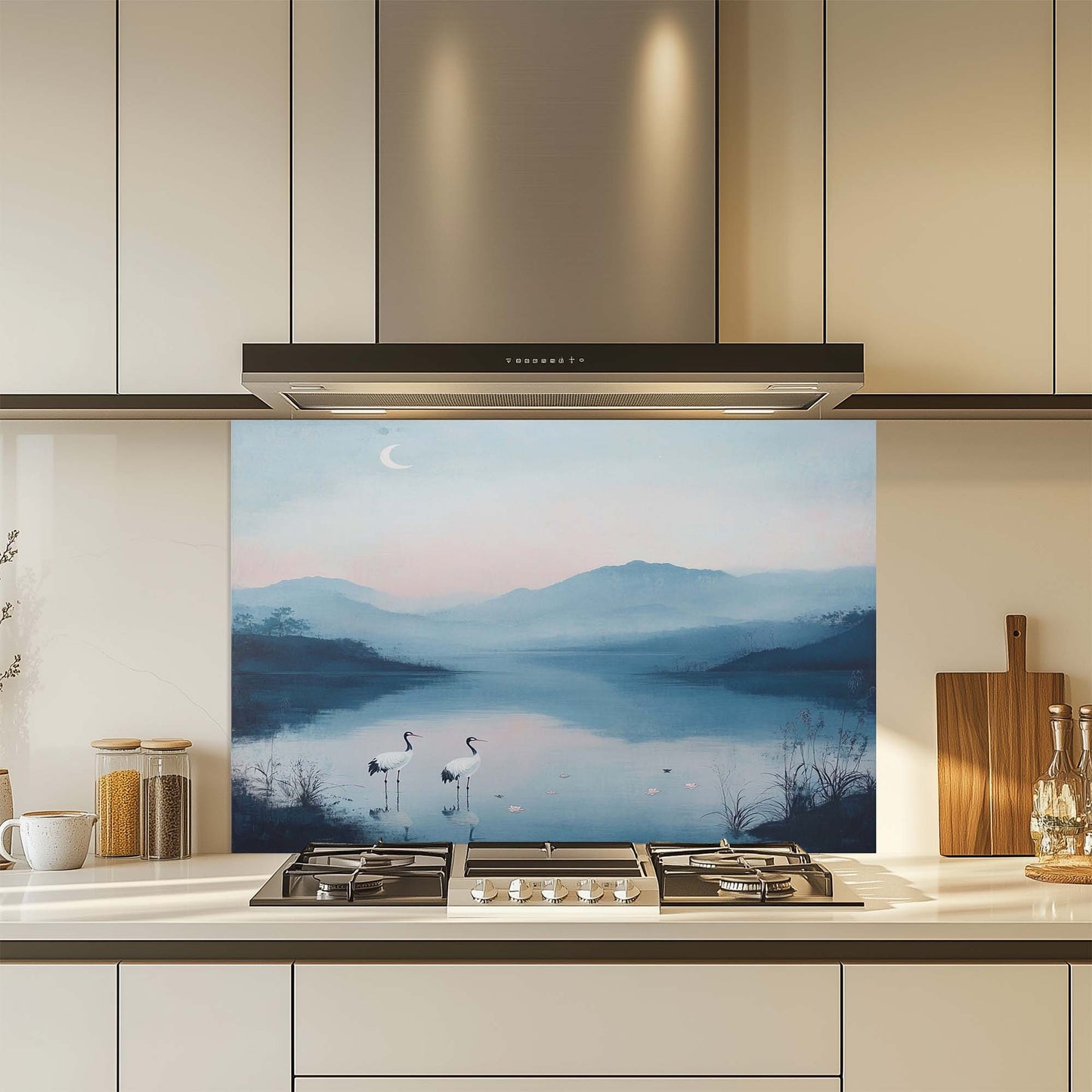 Tempered Glass Backsplash – Elegant Lake View with Cranes and Crescent Moon, Blue Serene Kitchen Backsplash