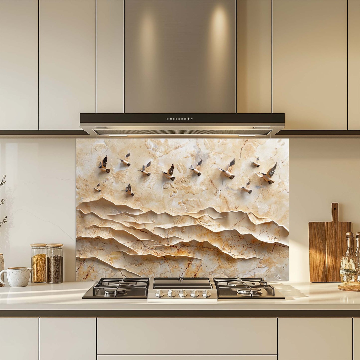 Modern kitchen with a decorative backsplash featuring wavy stone patterns and bird silhouettes.