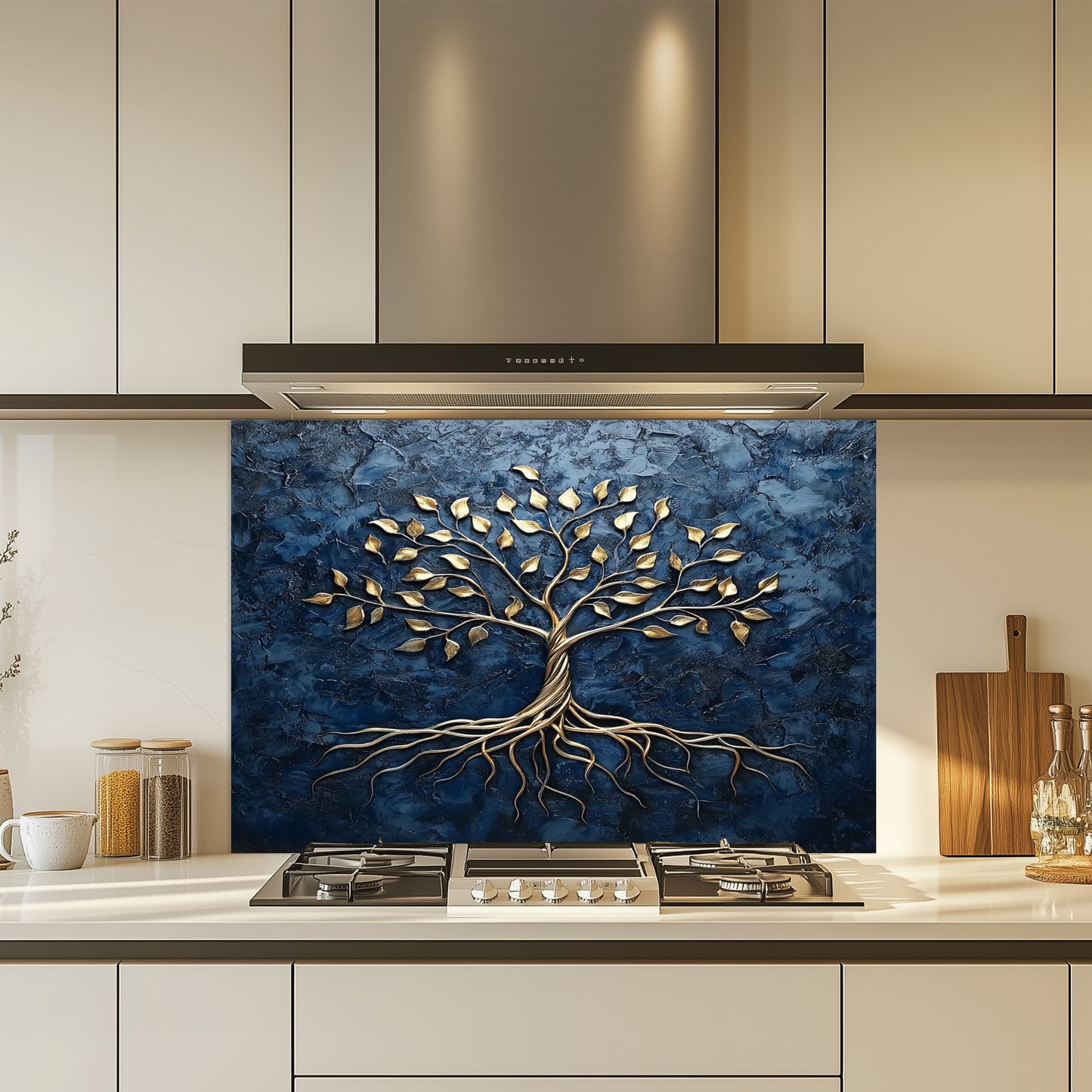 Kitchen with a decorative glass splashback featuring a tree design.