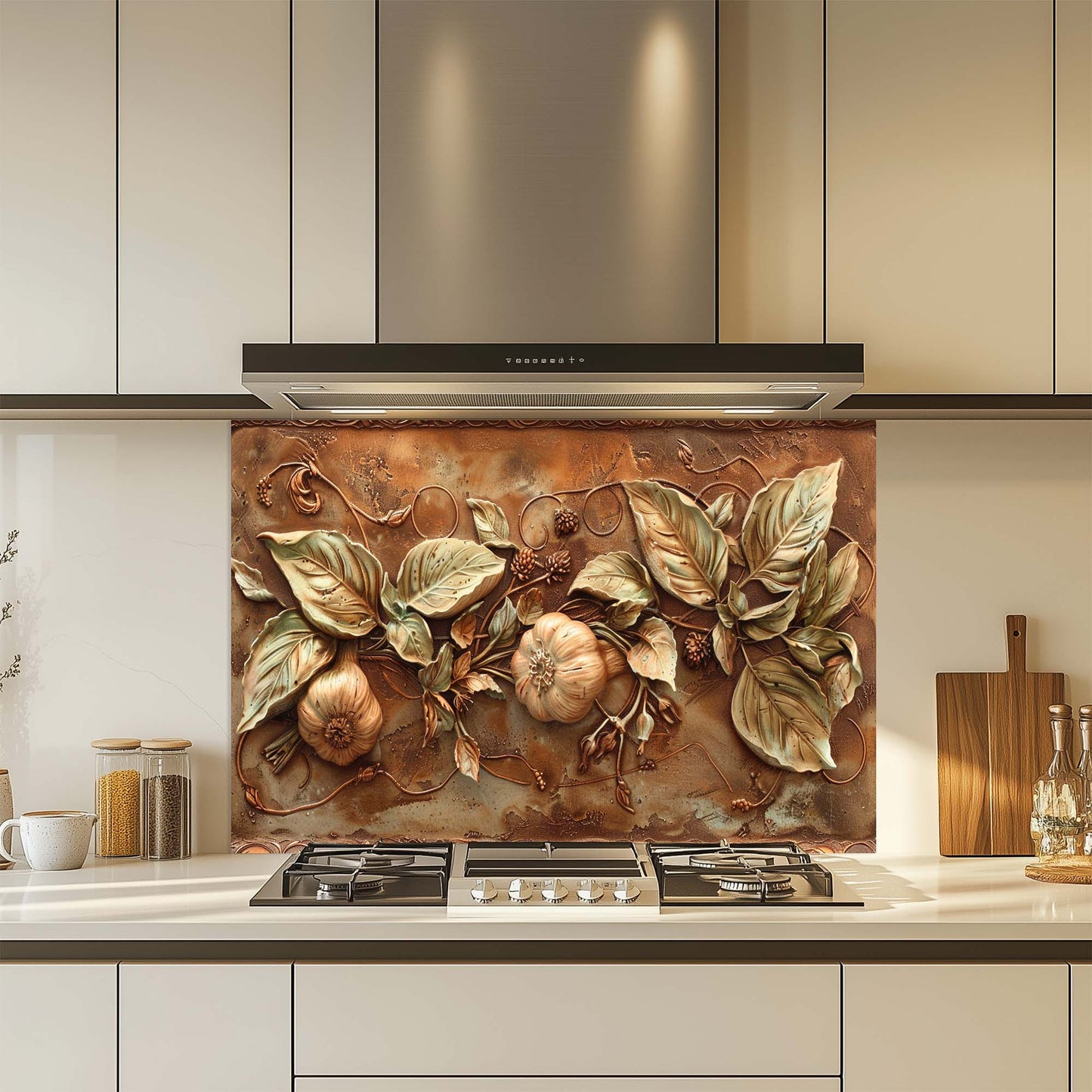 levate your kitchen with Golden Harvest Relief – a Tuscan-inspired tempered glass backsplash with garlic, pumpkin & copper tones. Heat-resistant and easy to clean.
