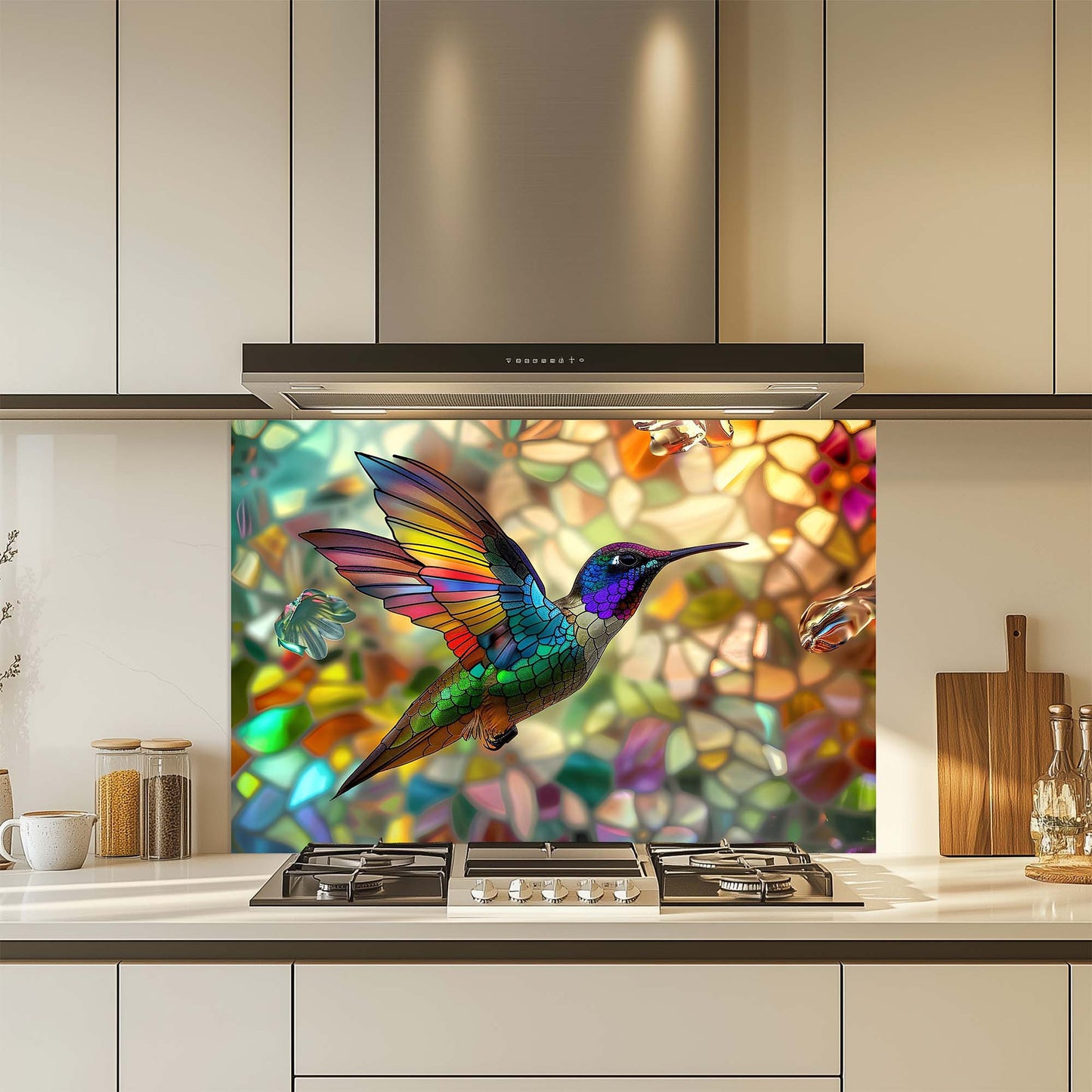 Kitchen with a colorful hummingbird design on a glass backsplash