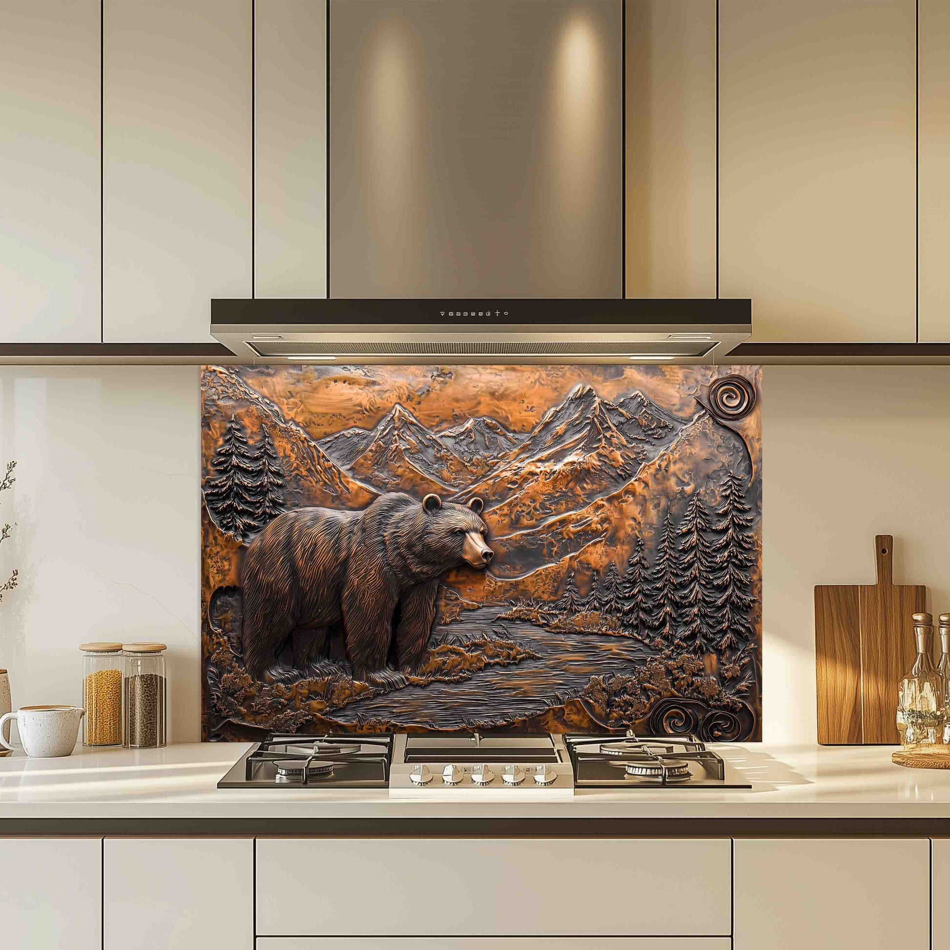 Decorative backsplash with bear and mountain design in a kitchen