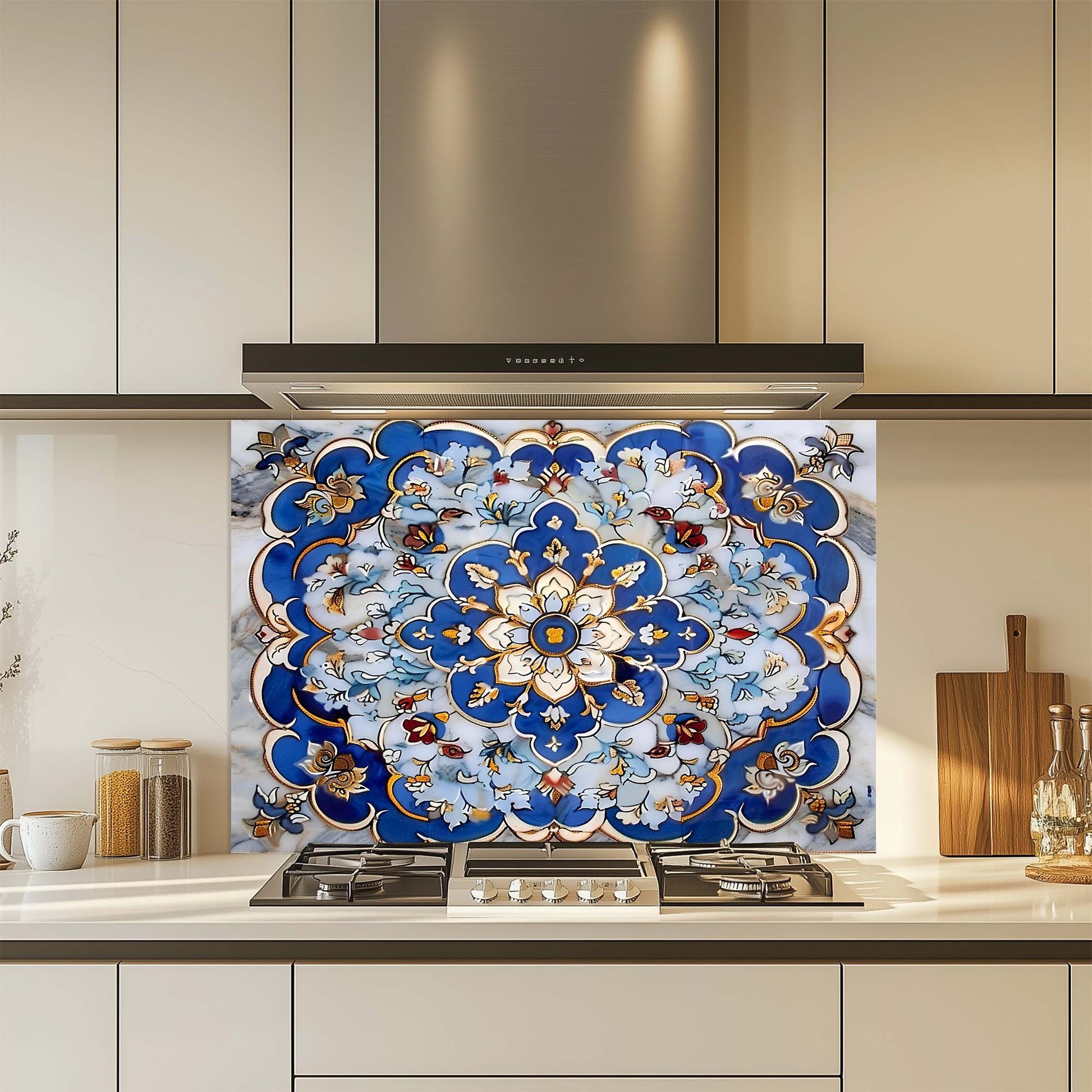 Decorative kitchen backsplash with a blue and gold floral pattern above a stove.