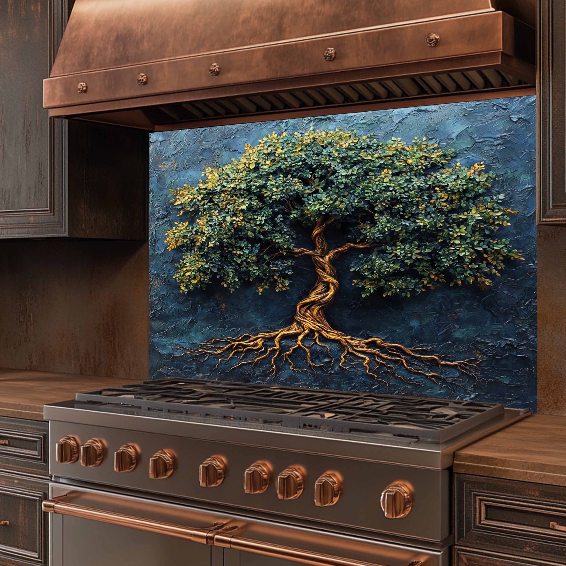 Stainless steel stove with copper accents and a decorative tree kitchen backsplash