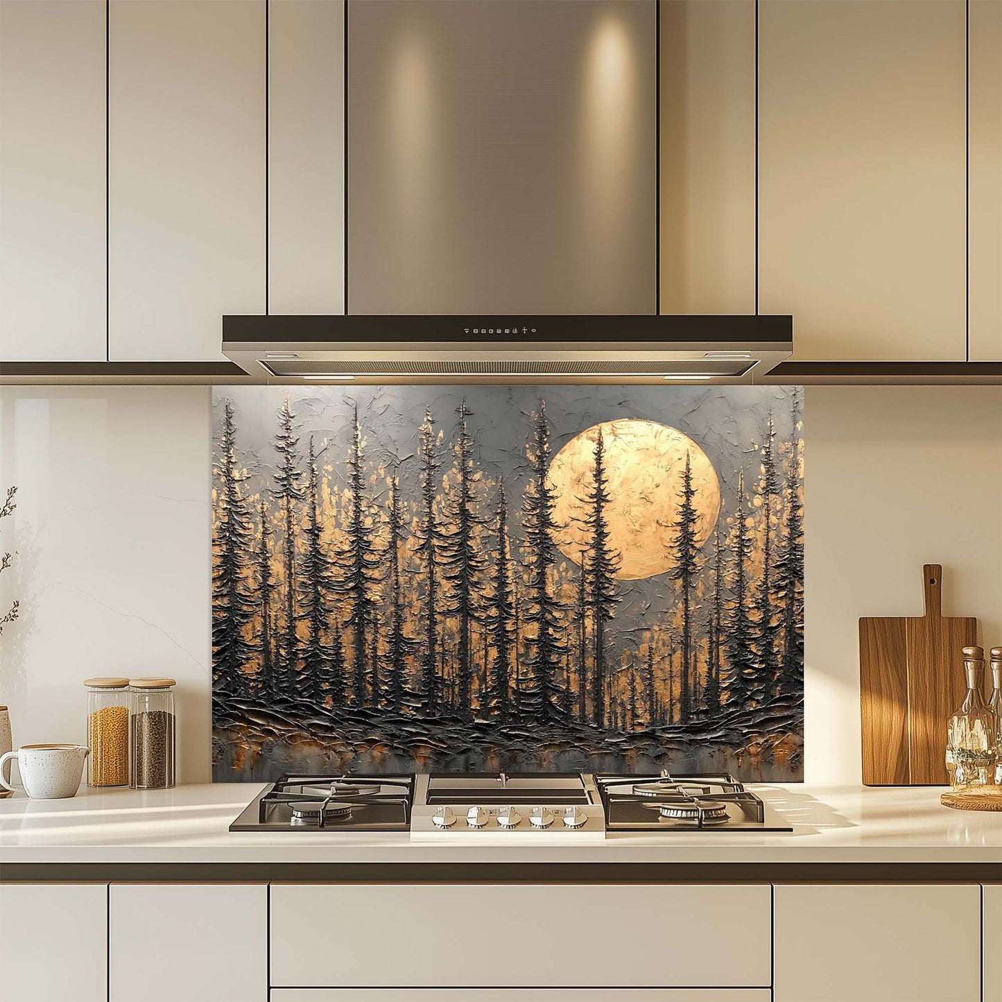 Kitchen with a decorative glass splashback featuring a forest design.