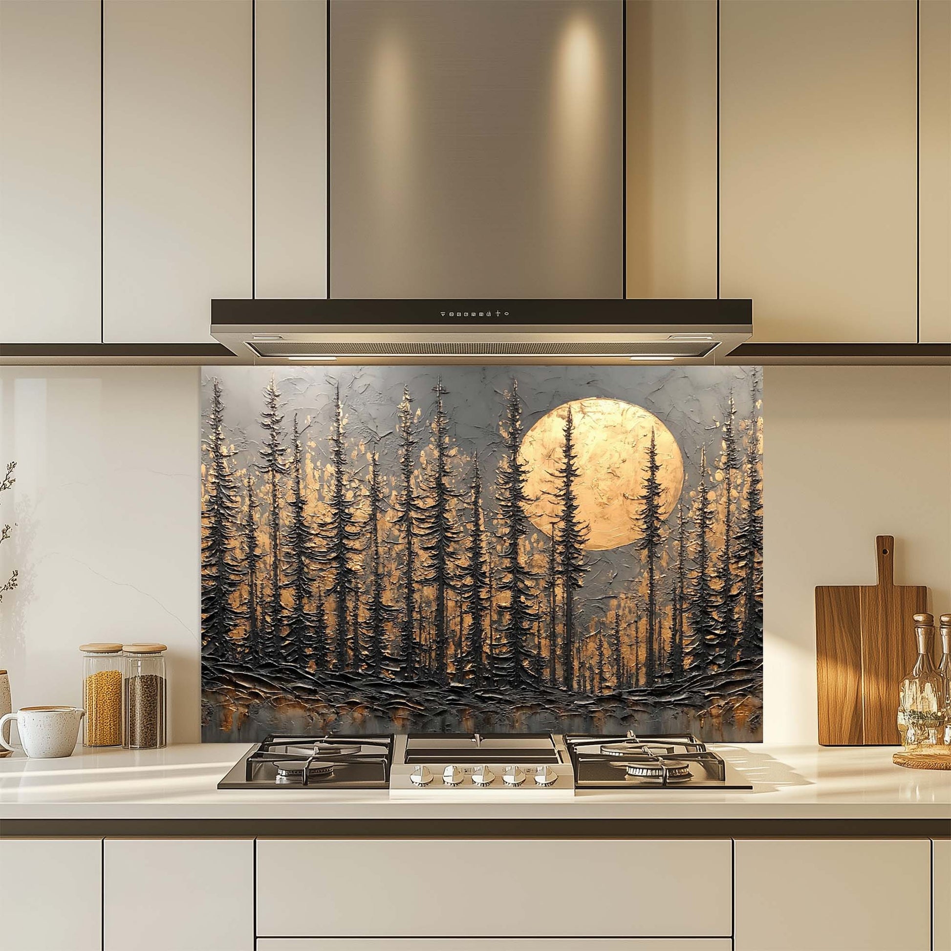 Kitchen with a decorative glass splashback featuring a forest design.