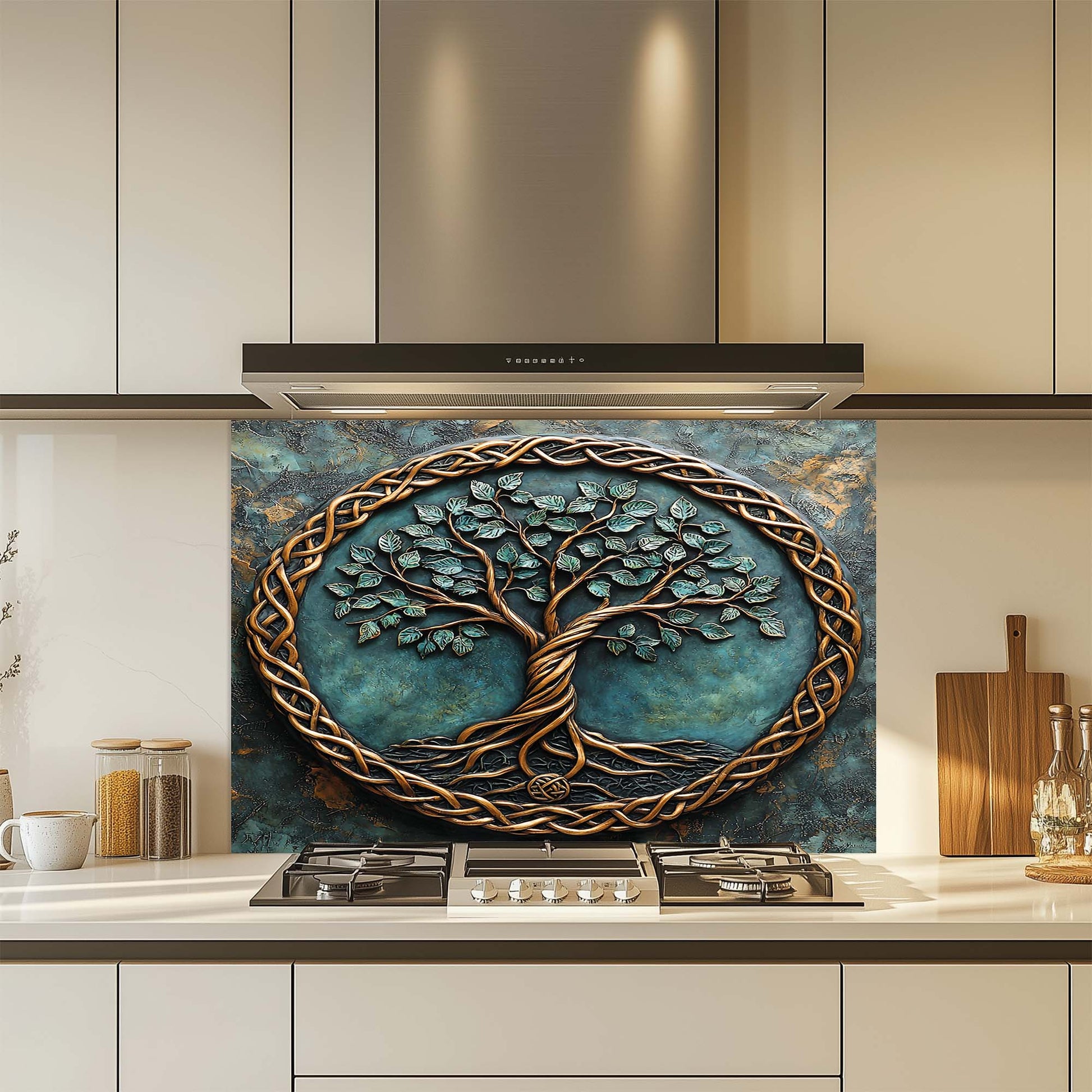 Decorative glass backsplash with a tree design over a kitchen stove