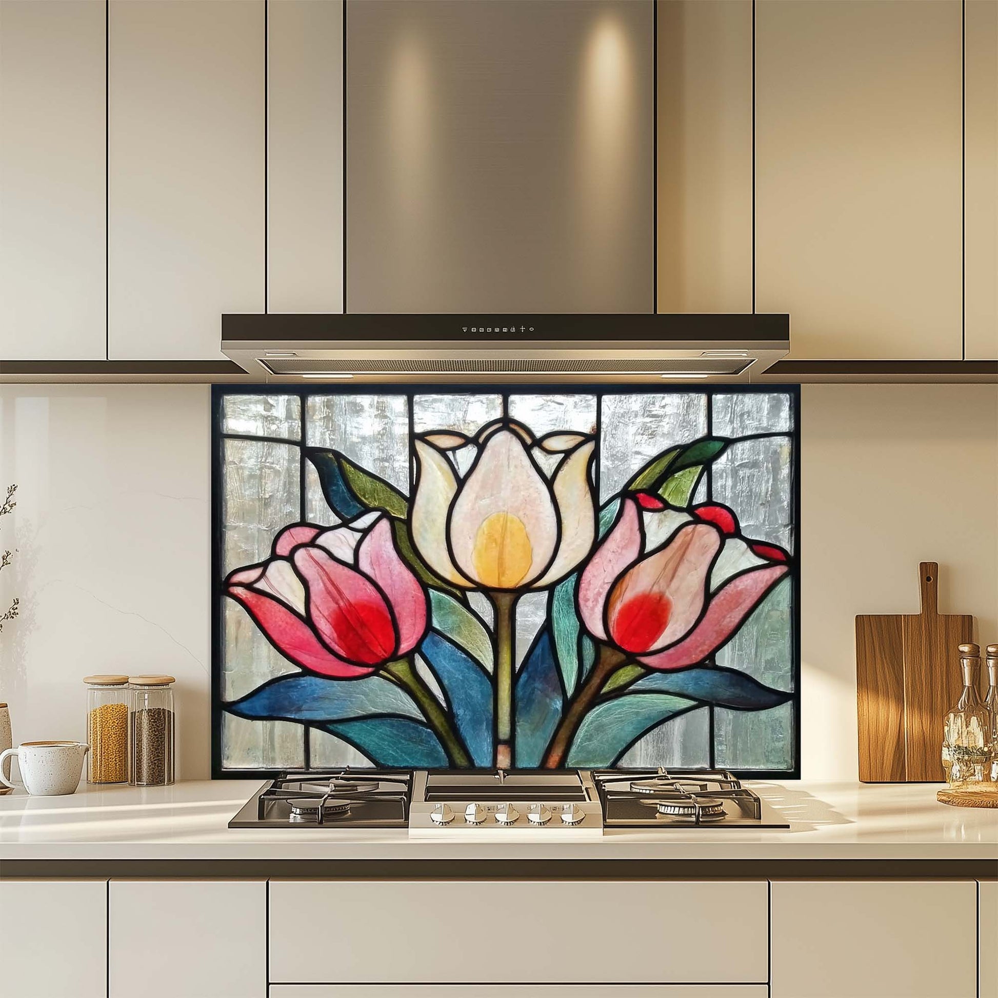 Decorative glass splashback with floral design above a kitchen stove