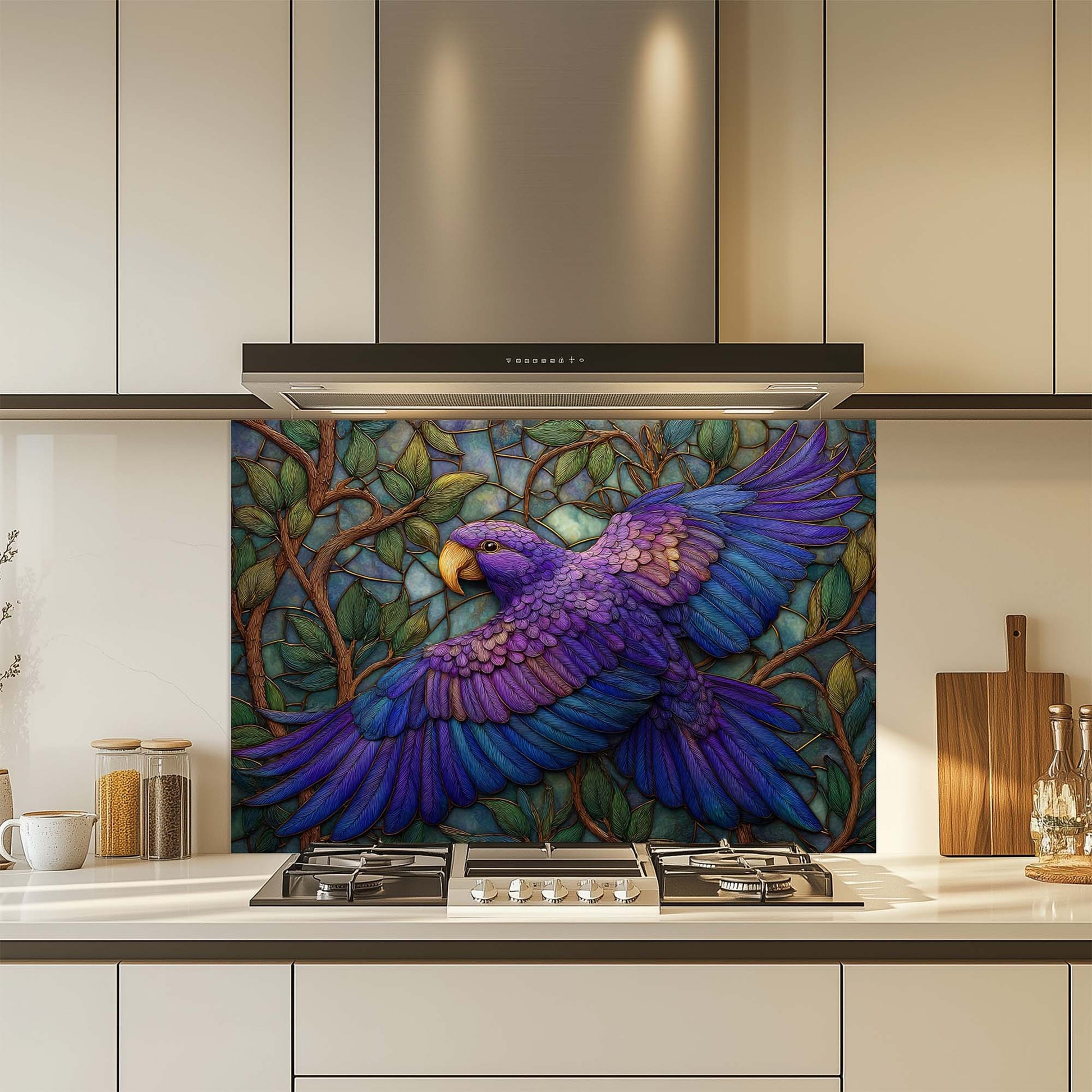 Kitchen with a colorful parrot glass backsplash on the wall above the stove.