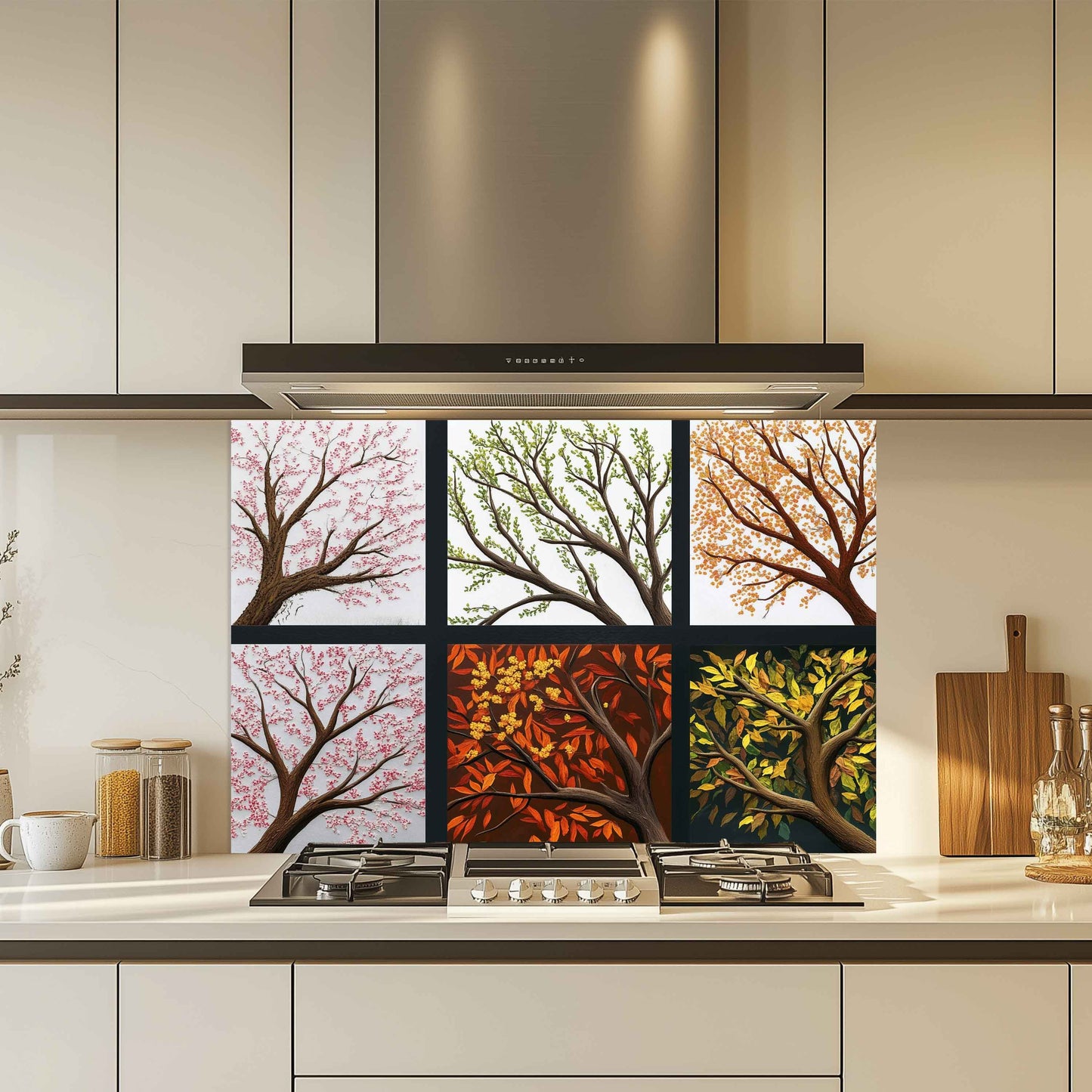 Kitchen with a decorative glass splashback featuring four seasons.