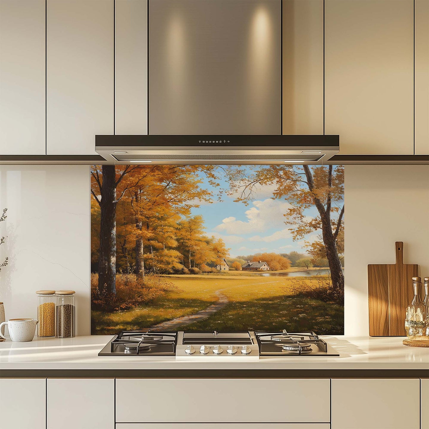 Golden forest landscape with cottage printed on tempered glass backsplash. Perfect for cozy fall-inspired kitchens.