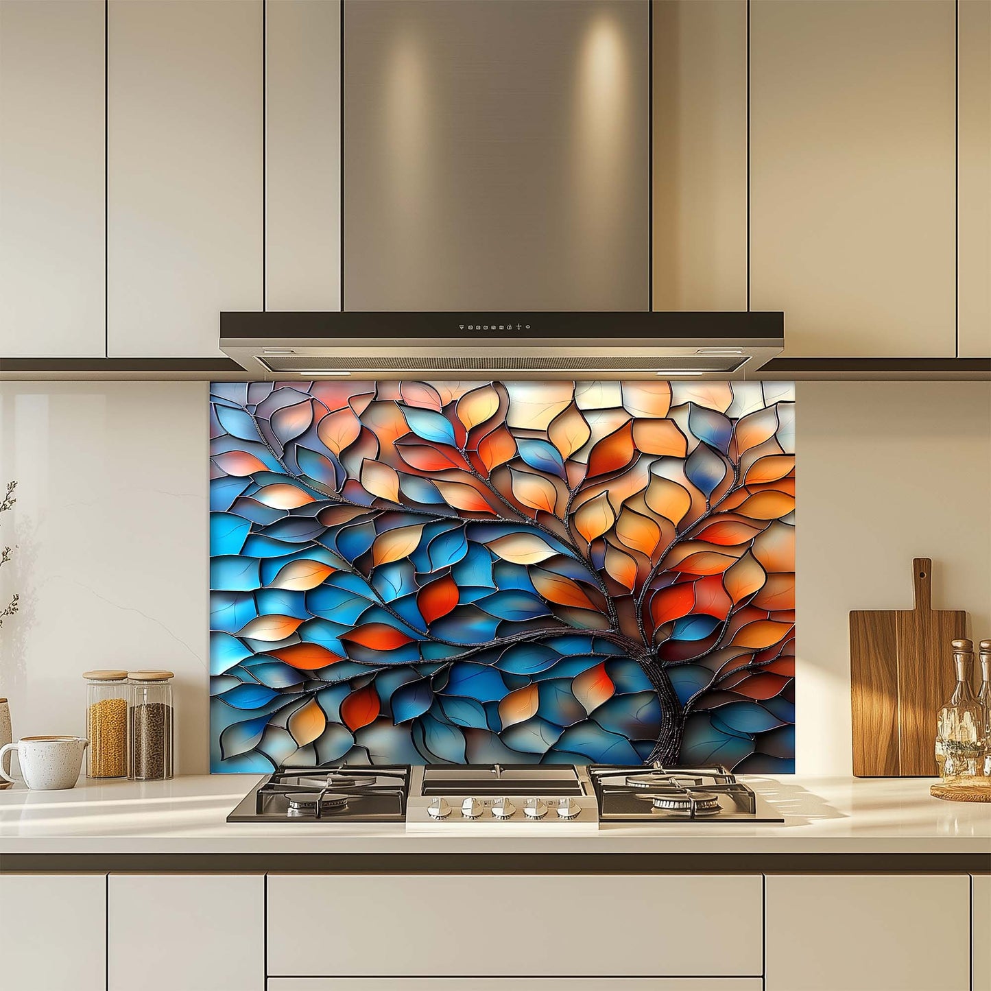 Colorful glass splashback in a kitchen setting
