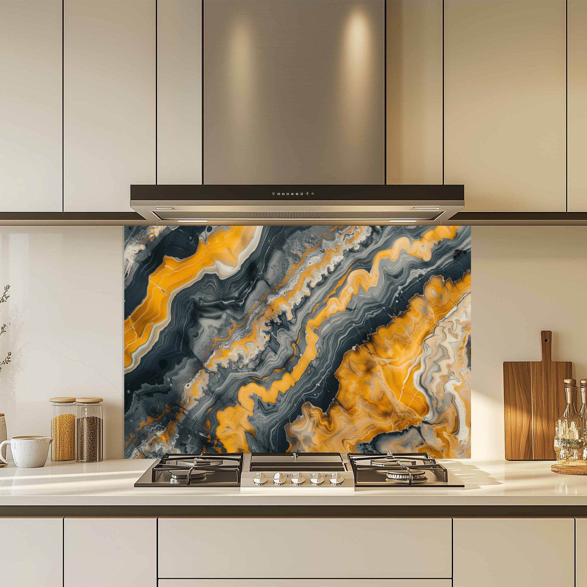 Kitchen with a decorative backsplash featuring a blue and orange abstract design.