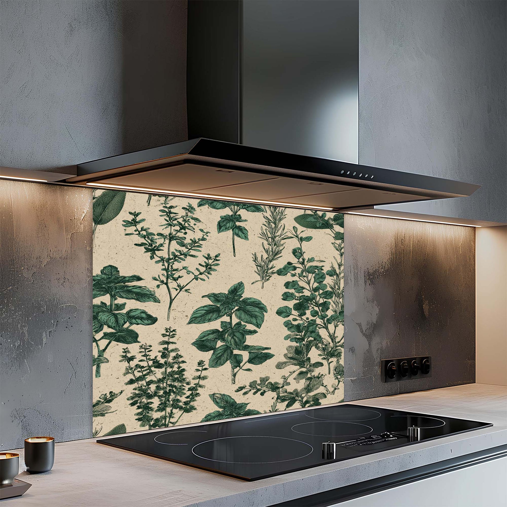 Modern kitchen with a glass splashback featuring green leaf patterns.
