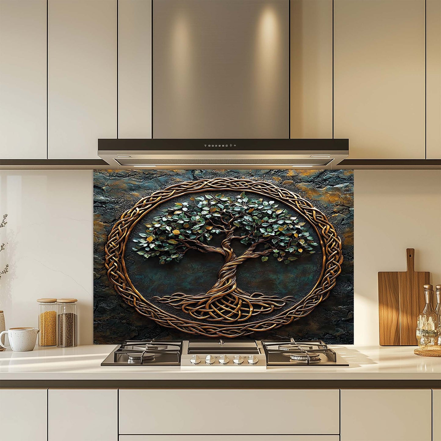 Decorative glass backsplash with a tree design above a kitchen stove.