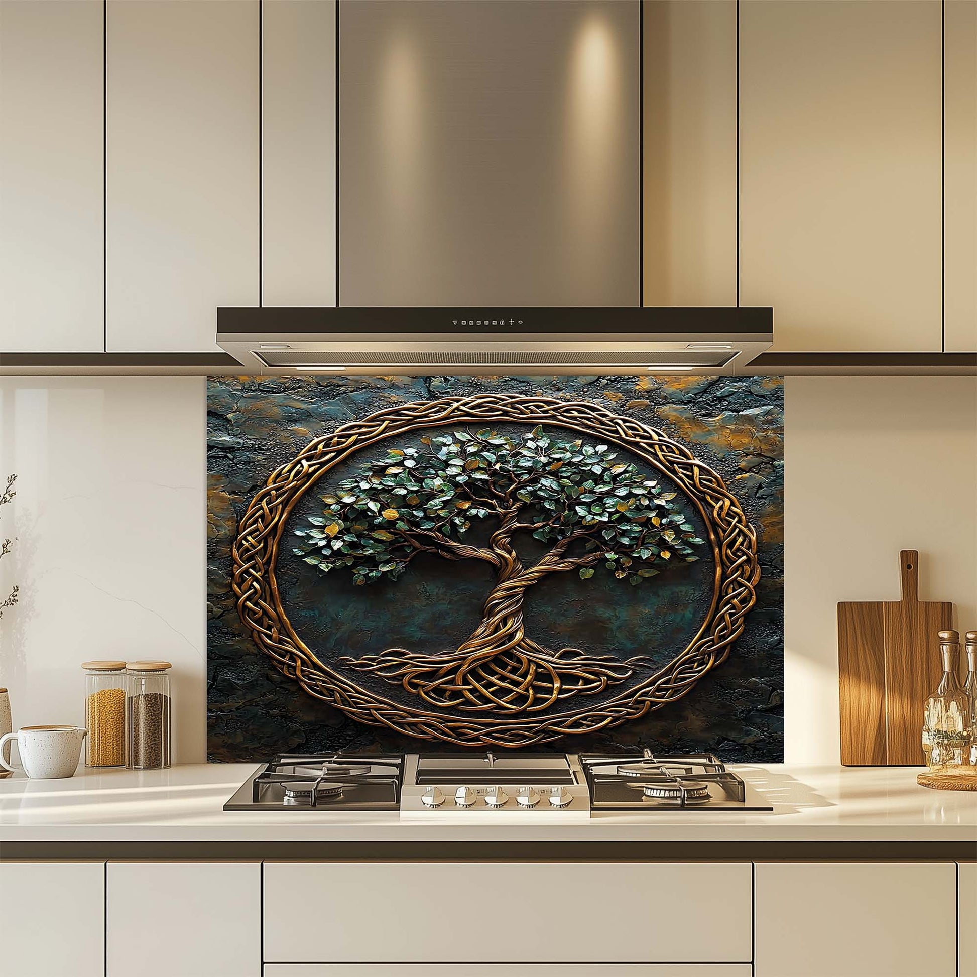 Decorative glass backsplash with a tree design above a kitchen stove.