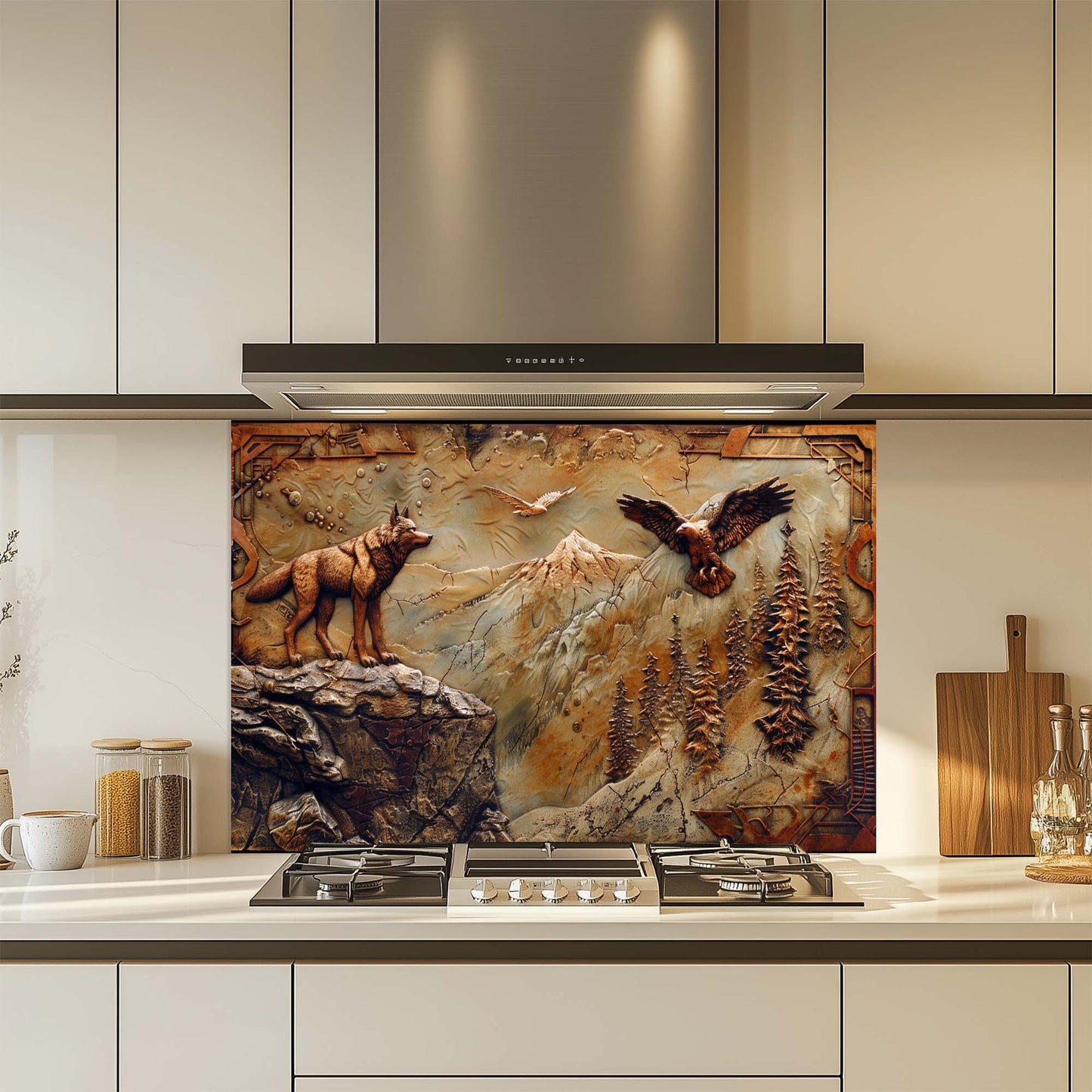 Kitchen with a decorative glass splashback featuring a wolf and eagle in a mountainous landscape.
