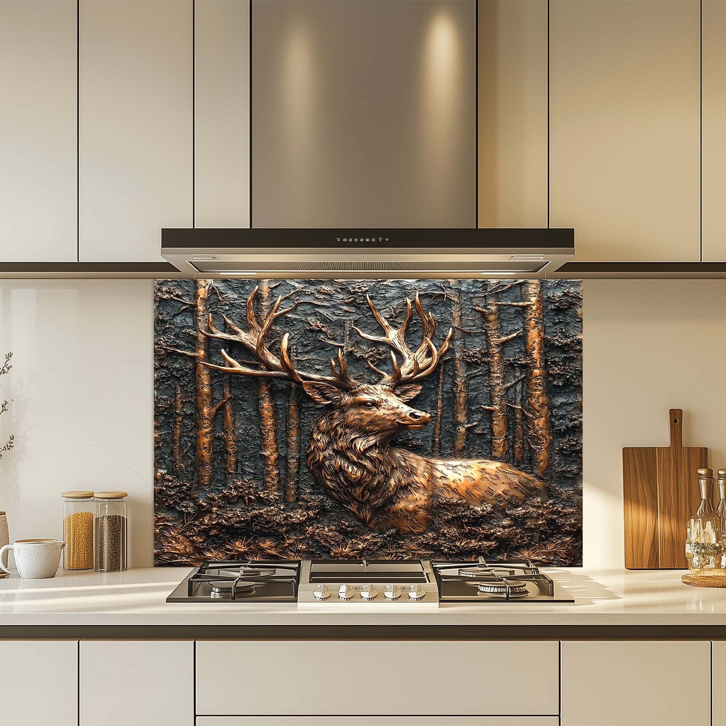 Decorative kitchen backsplash with a deer design in a modern kitchen.