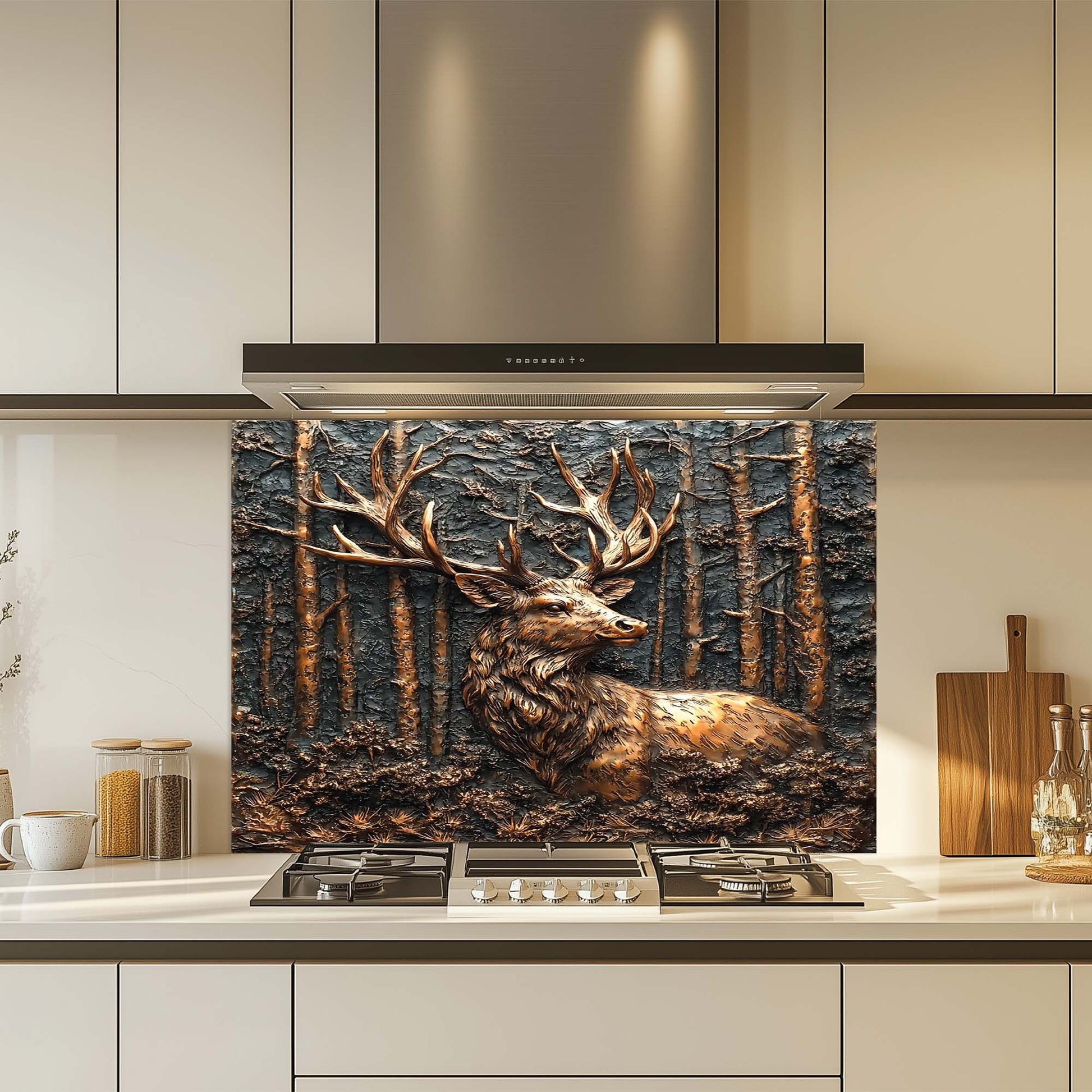 Decorative kitchen backsplash with a deer design in a modern kitchen.