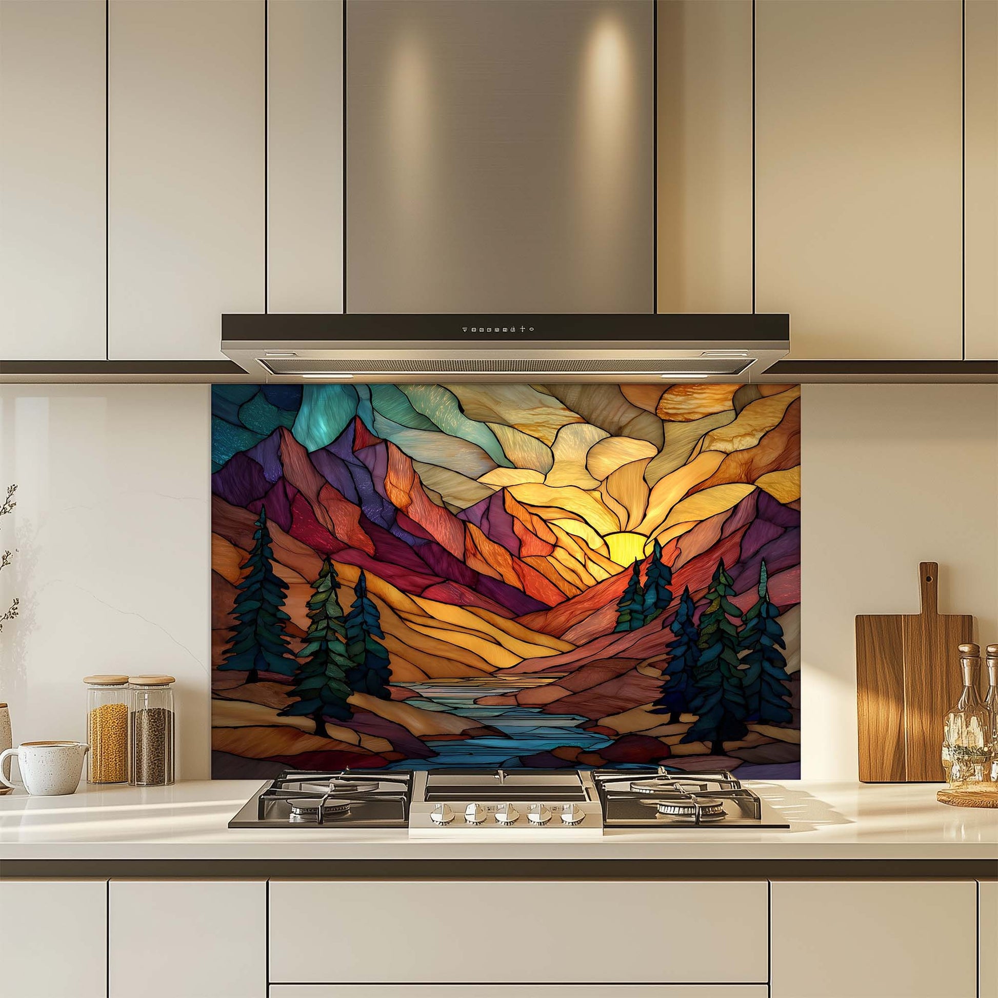 Kitchen with a colorful mountain landscape backsplash above a stove.