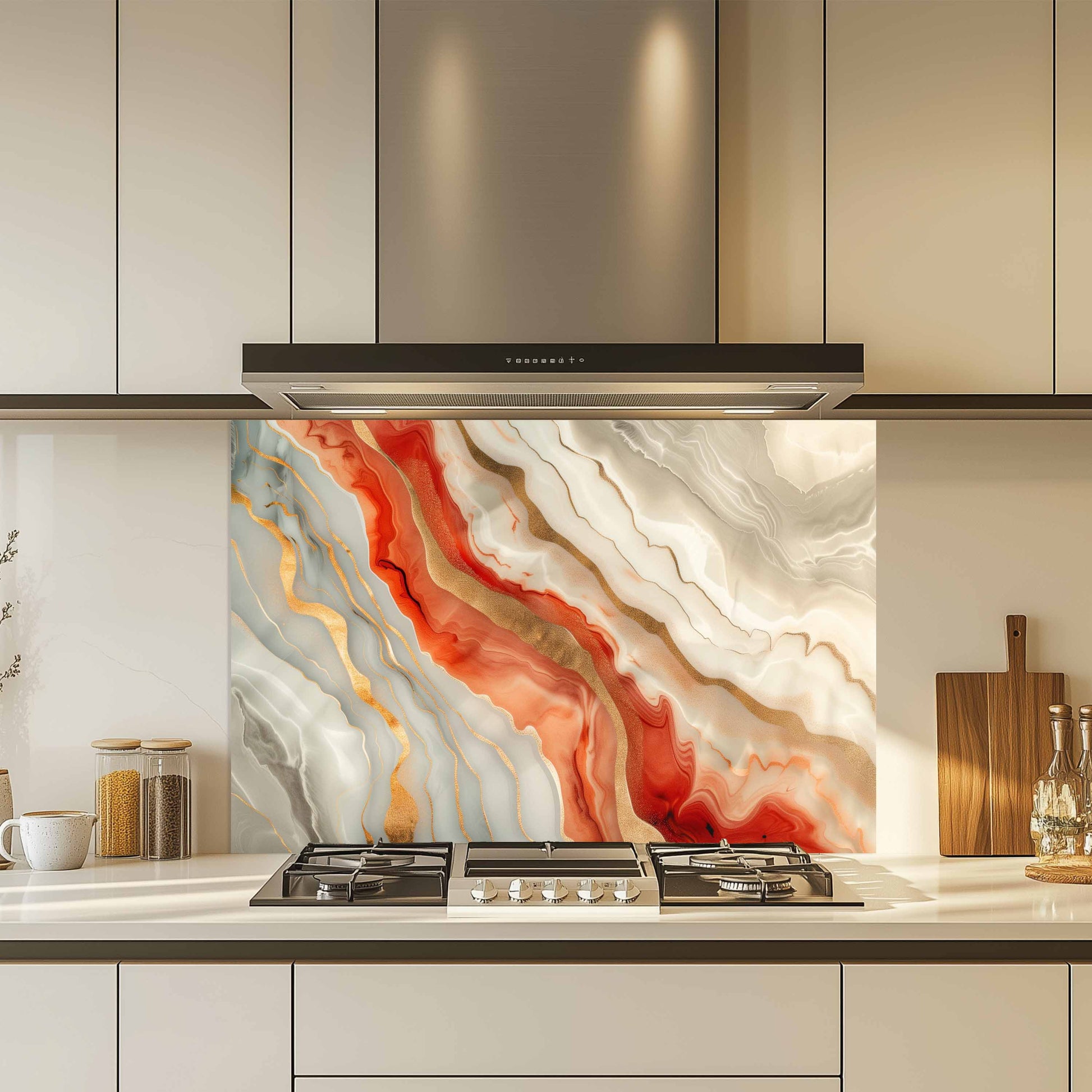 Modern kitchen with a colorful marble-patterned backsplash