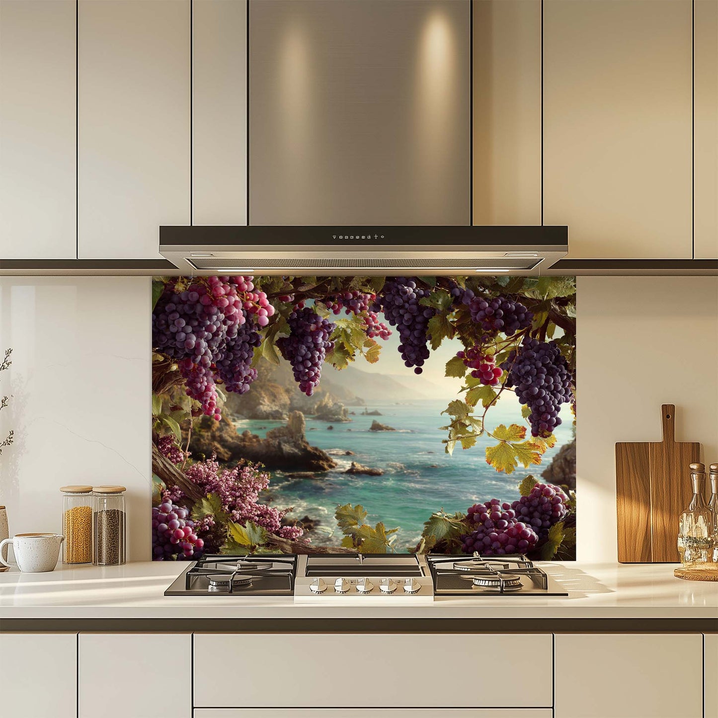 Mediterranean grapevine tempered glass backsplash with ocean view. Elegant stove panel for rustic or vineyard-style kitchens. Heat and stain-resistant.
