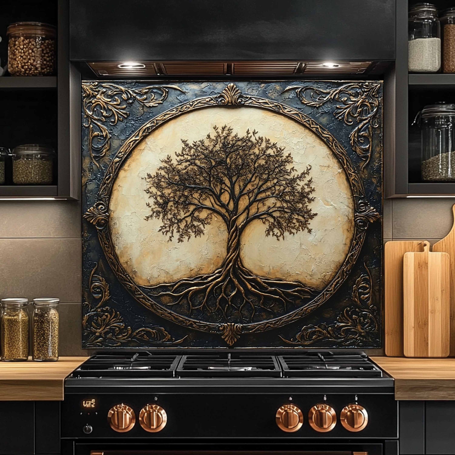 Decorative backsplash with tree design above a stove in a kitchen.