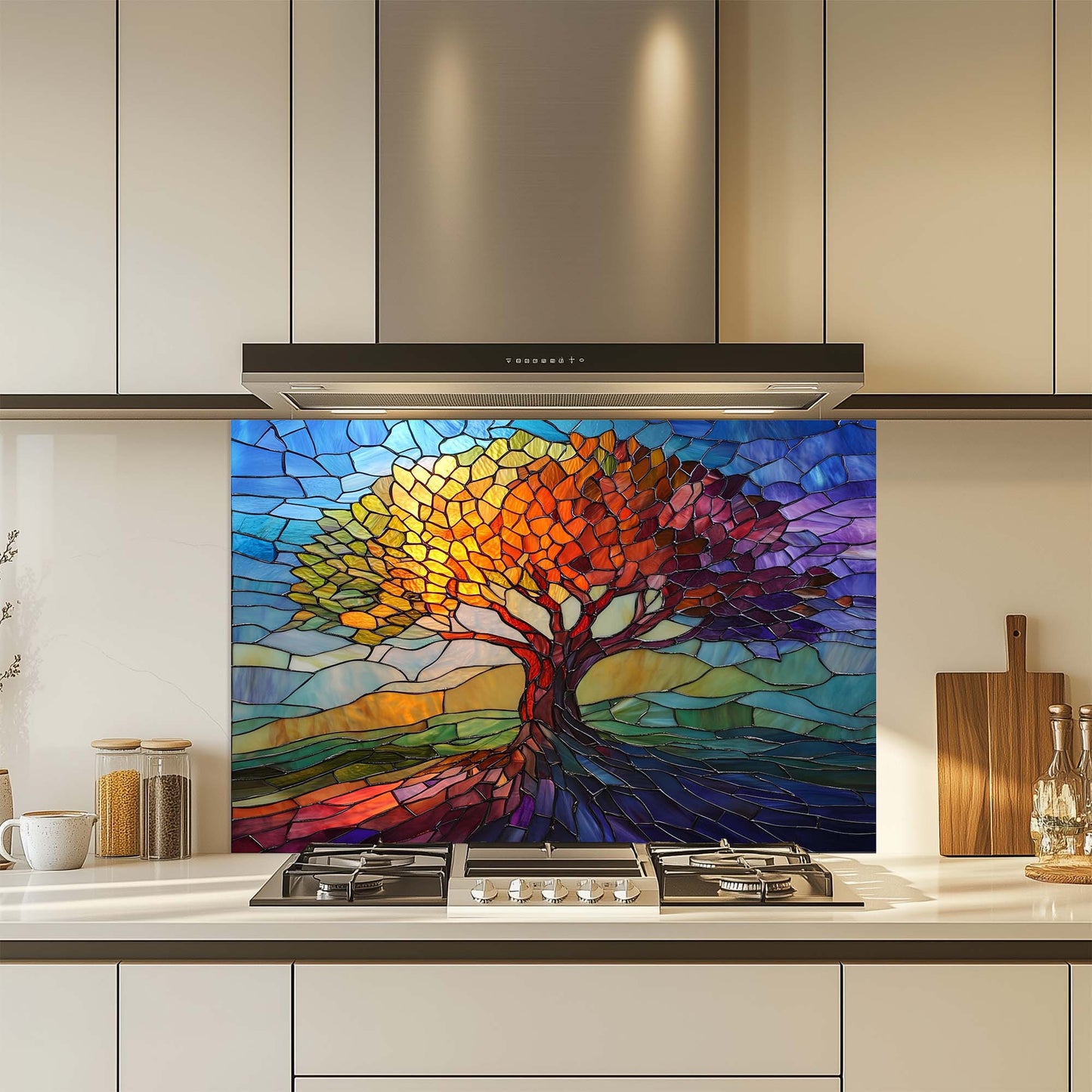 Colorful stained glass-style tree design on a kitchen backsplash.
