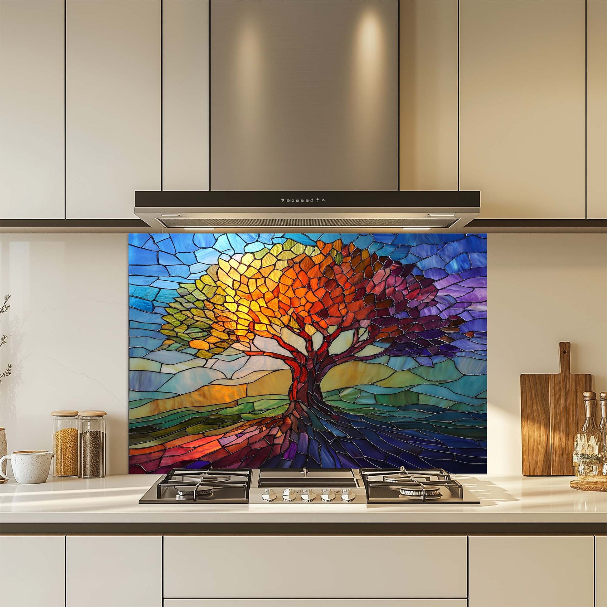 Colorful stained glass-style tree design on a kitchen backsplash.