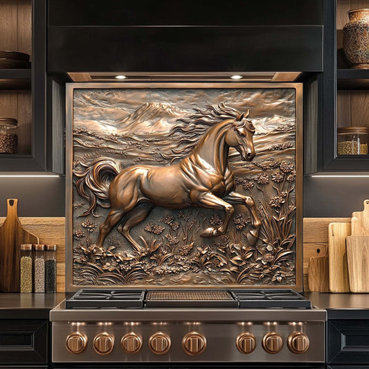 Stainless steel stove with bronze horse tempered glass backsplash in a kitchen setting