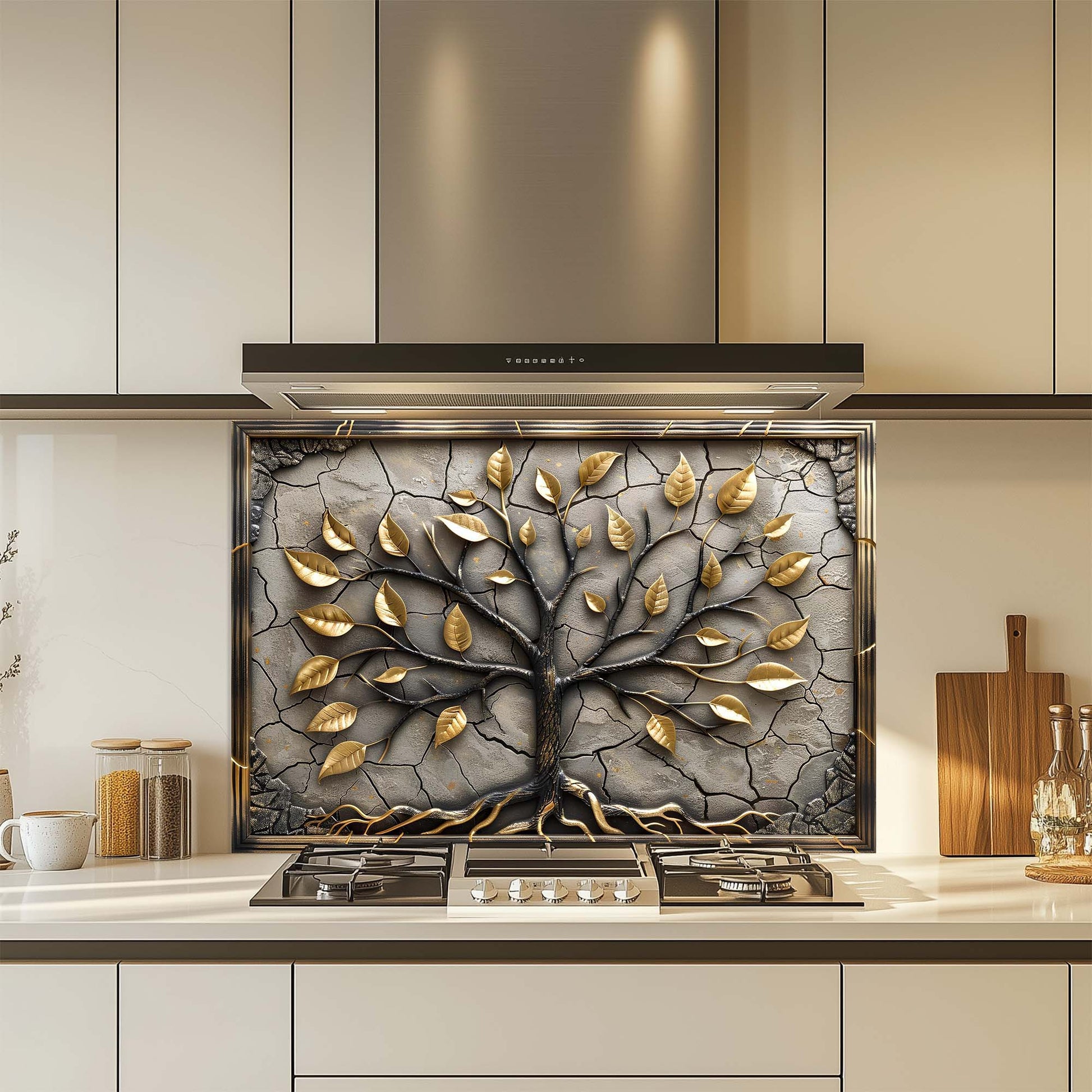 Decorative glass backsplash with tree design in a modern kitchen