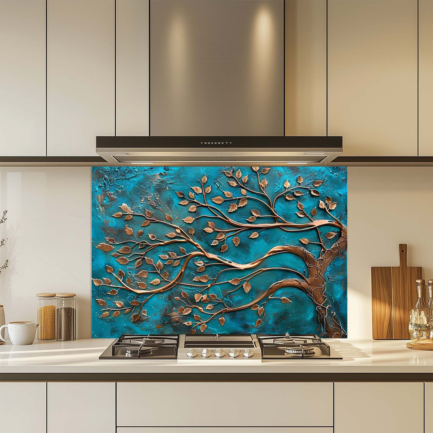 Kitchen with a decorative glass splashback featuring a tree design.