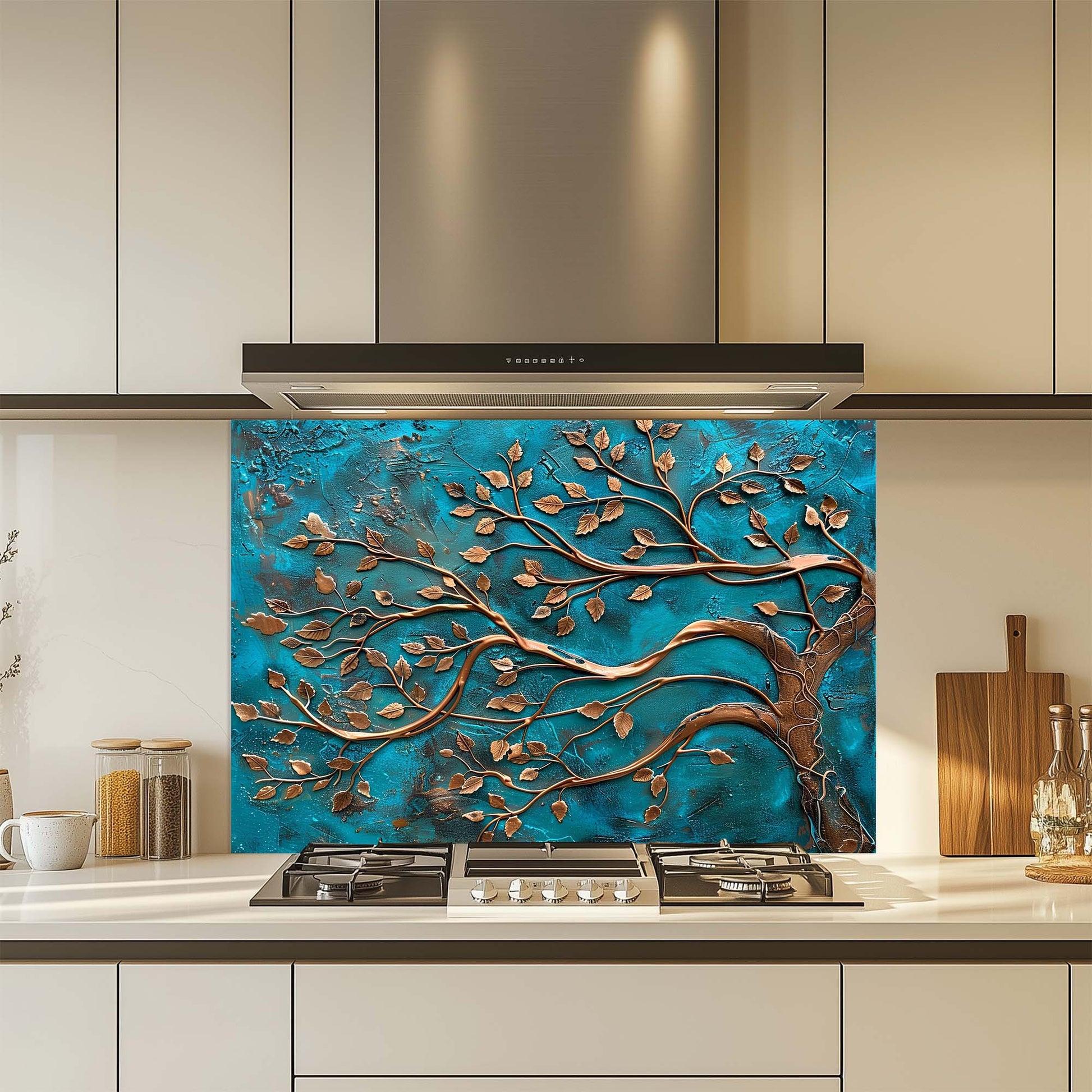 Kitchen with a decorative glass splashback featuring a tree design.