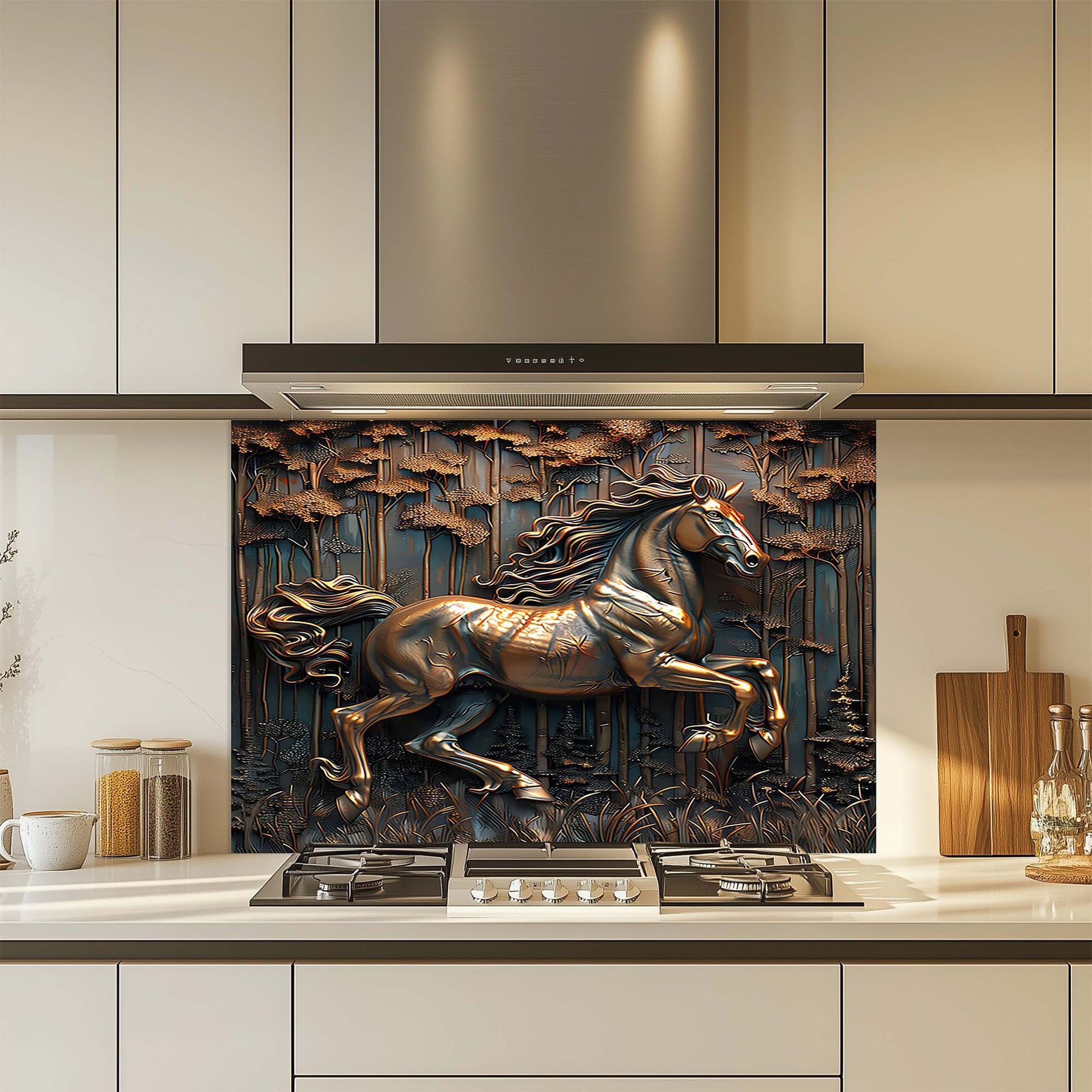 Decorative glass backsplash with a horse design in a modern kitchen