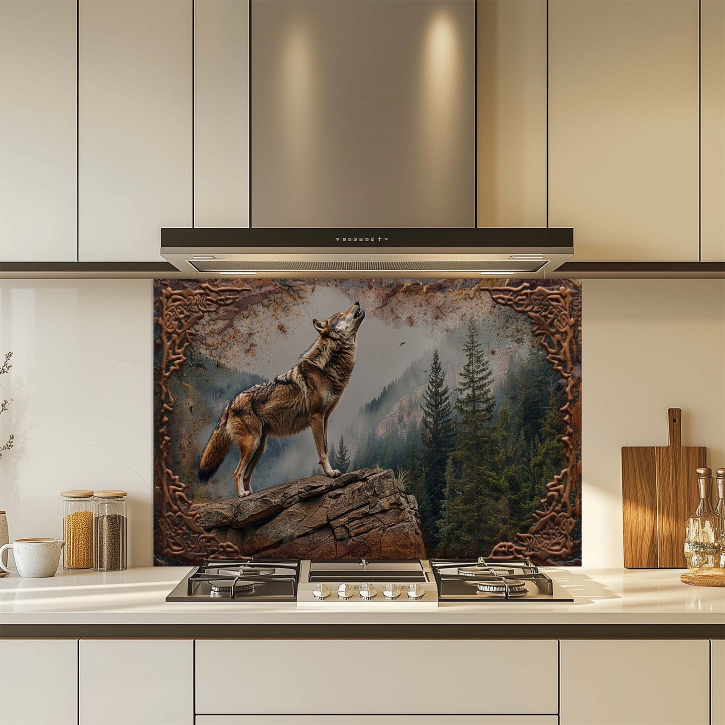 Kitchen with a wolf artwork on the stove splashback