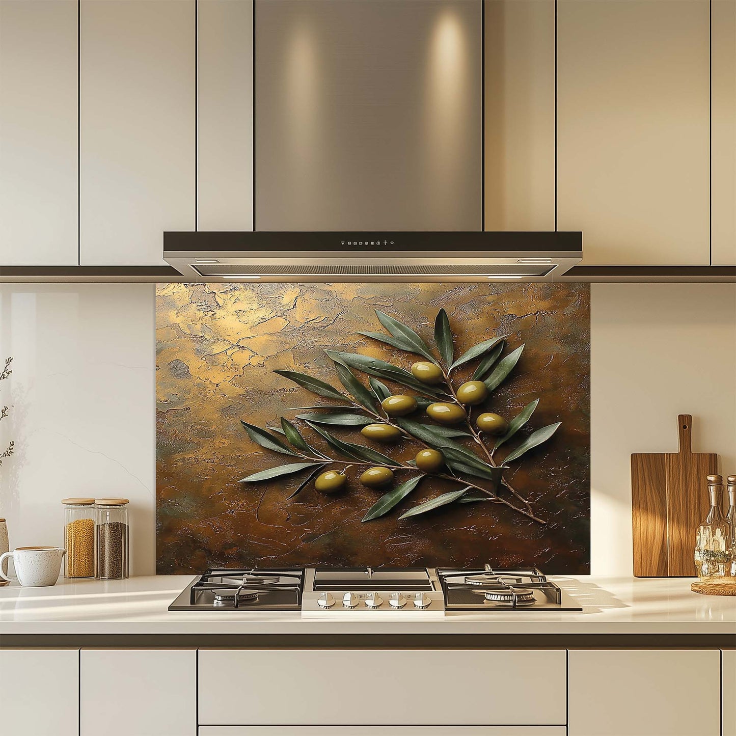 Kitchen with decorative glass backsplash featuring olive leaves and a metallic design.