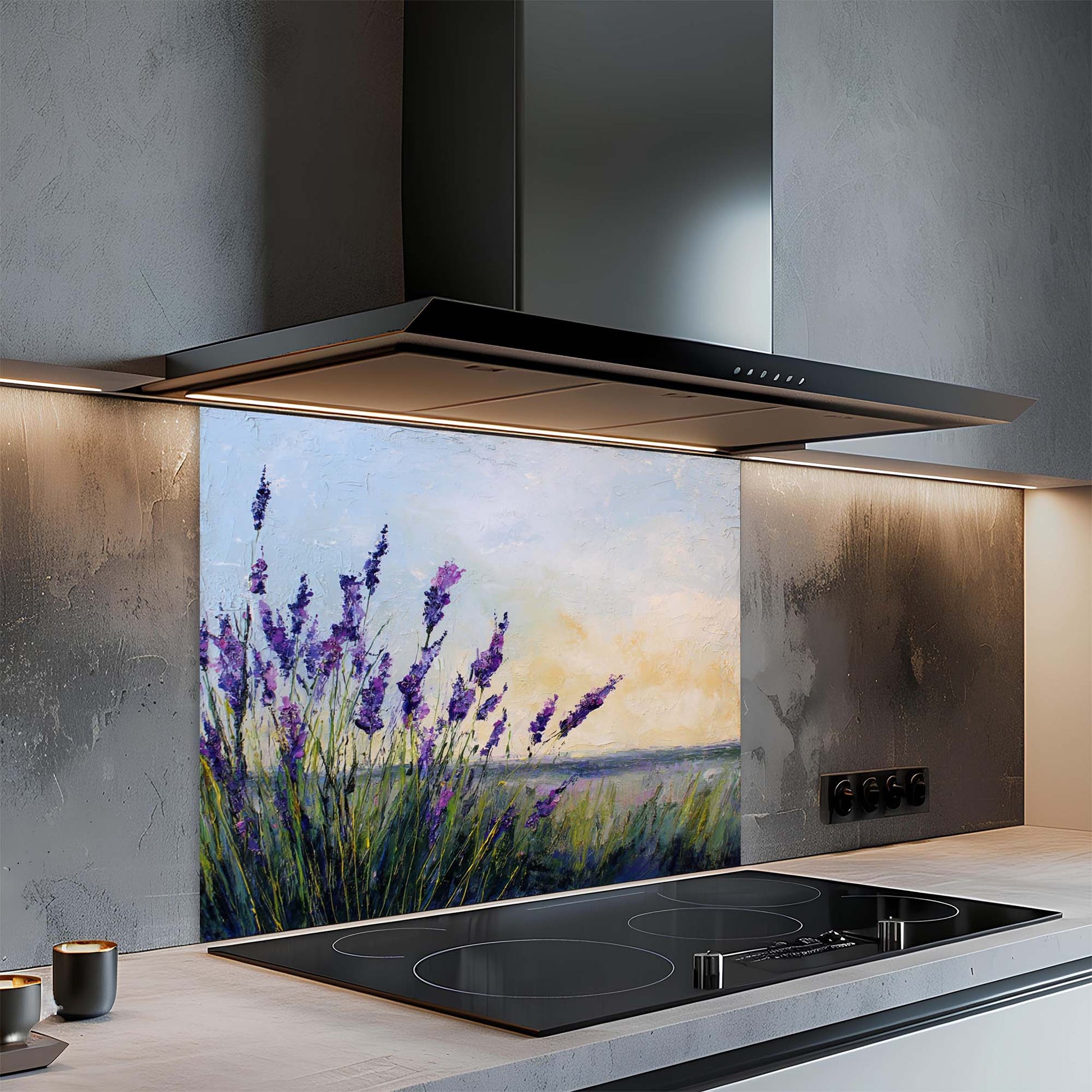 Modern kitchen with a decorative glass splashback featuring lavender and water.