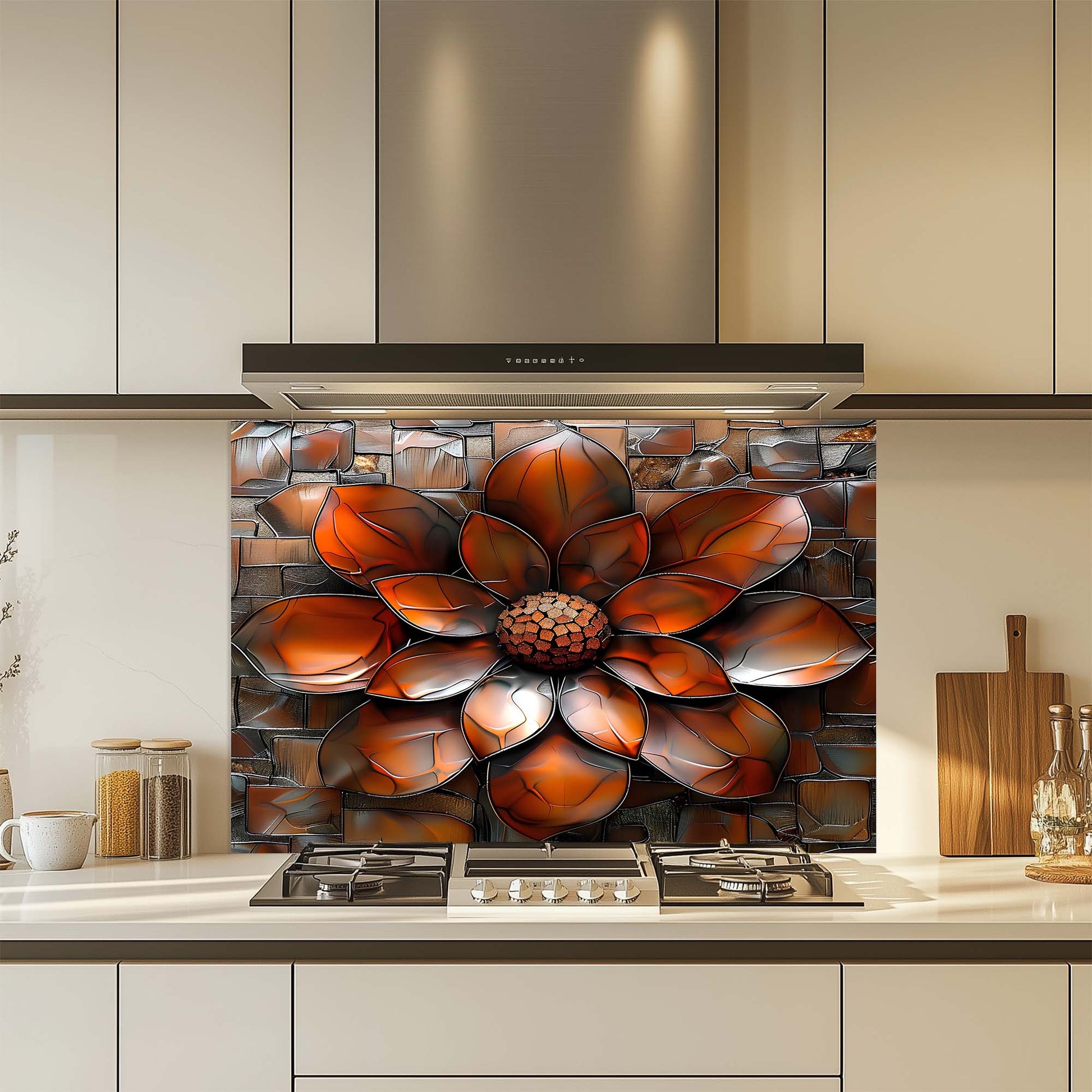 Kitchen with a decorative glass backsplash featuring a floral design.