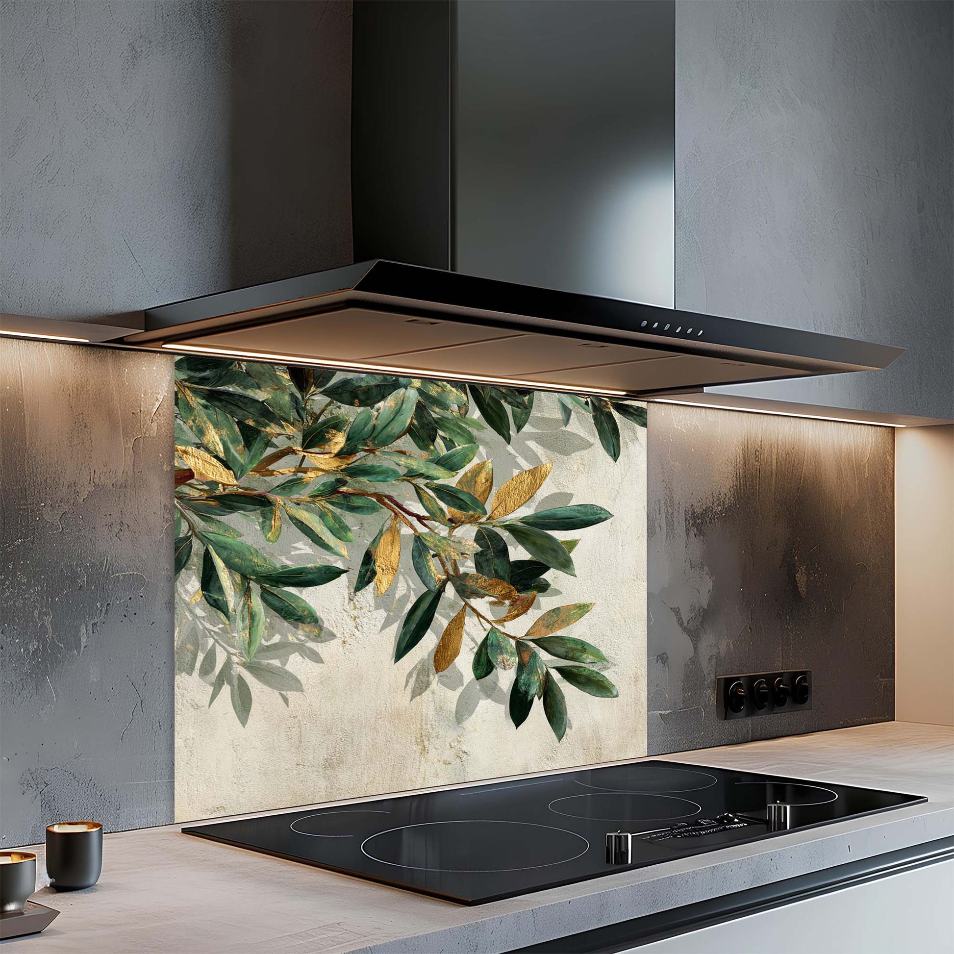 Modern kitchen with a glass splashback featuring green leaves and a black stove.