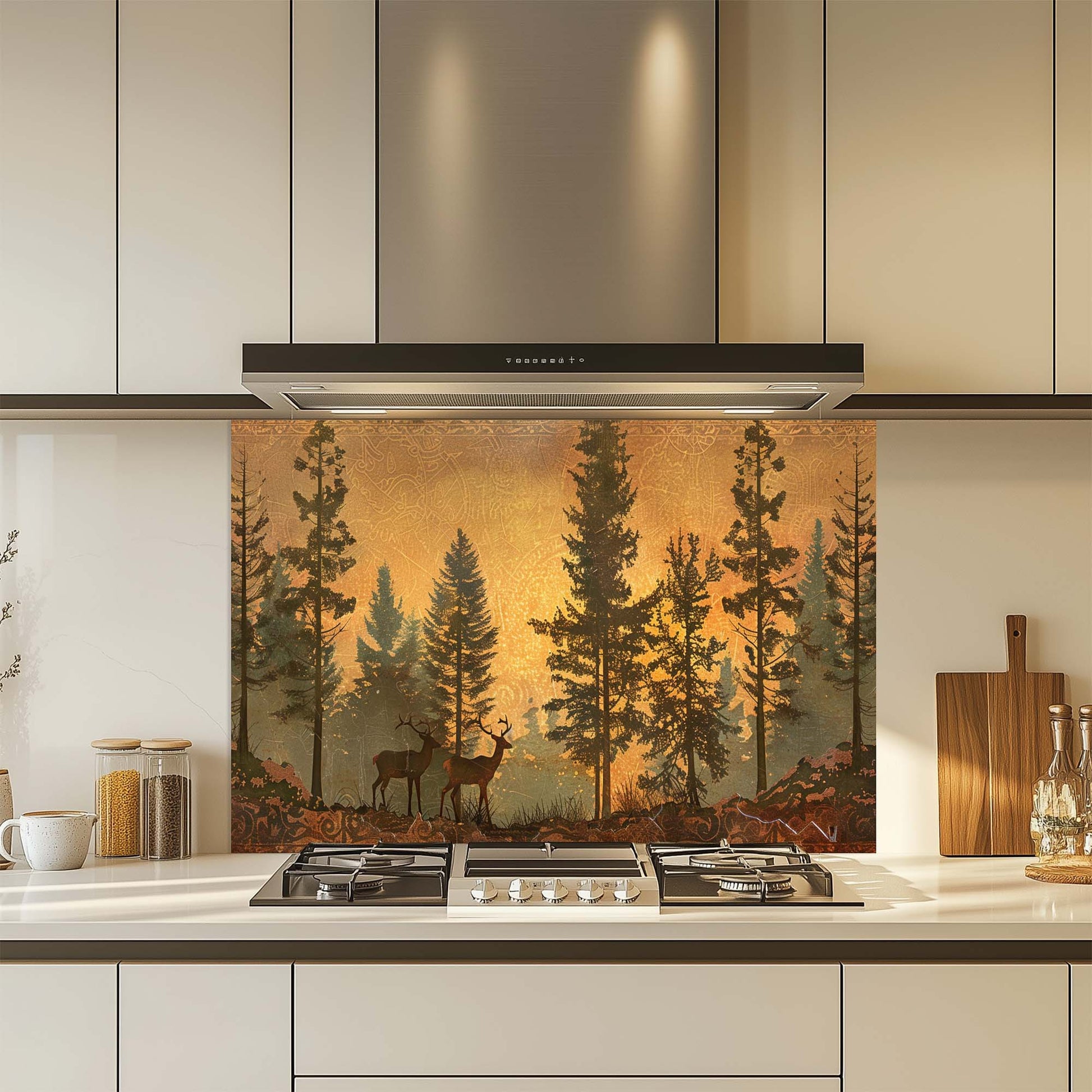 Kitchen with a forest-themed glass backsplash above a stove