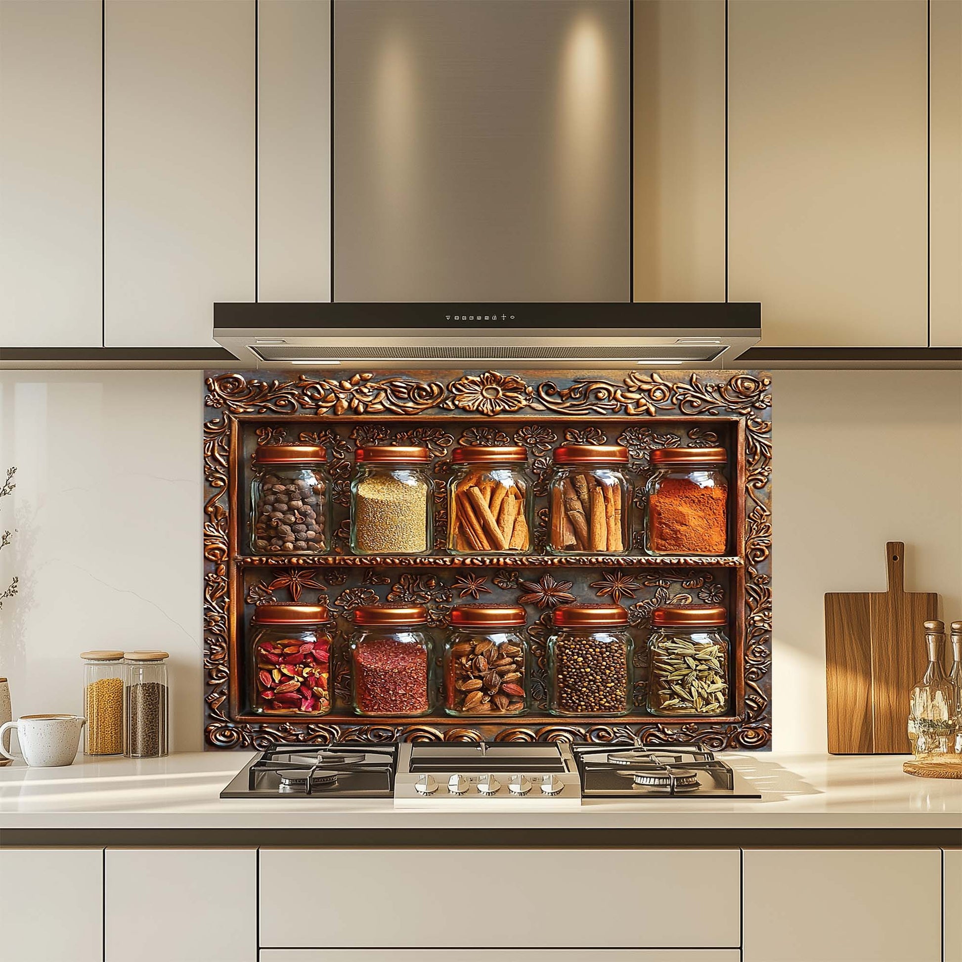 Decorative glass backsplash with jars of spices in a modern kitchen