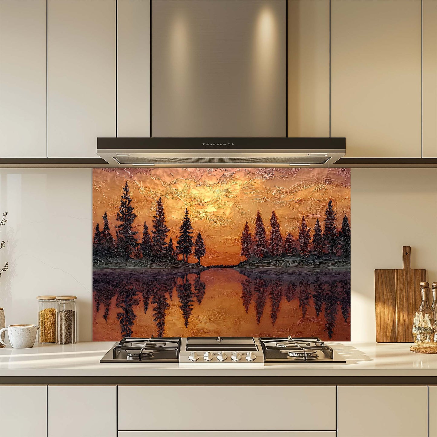 Kitchen with a decorative glass splashback featuring a sunset over trees design.