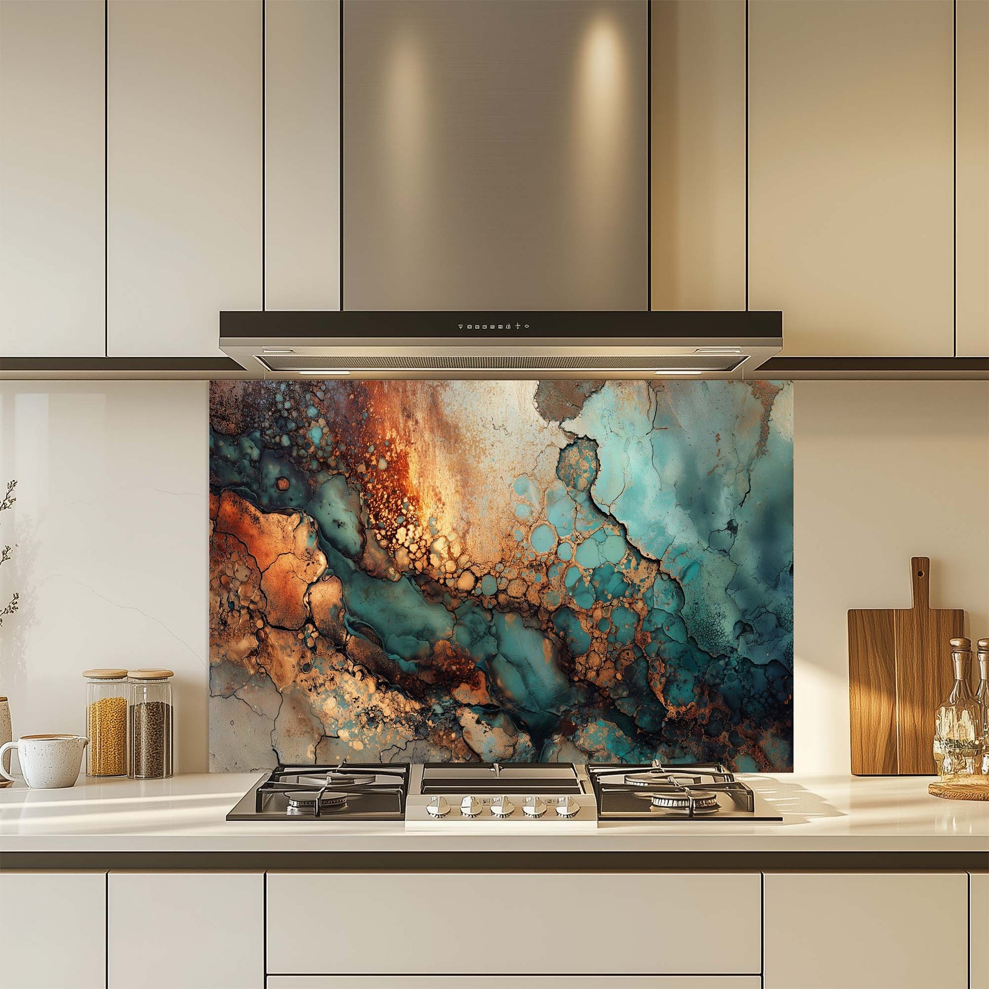 Kitchen with a colorful abstract design glass backsplash above a stove.