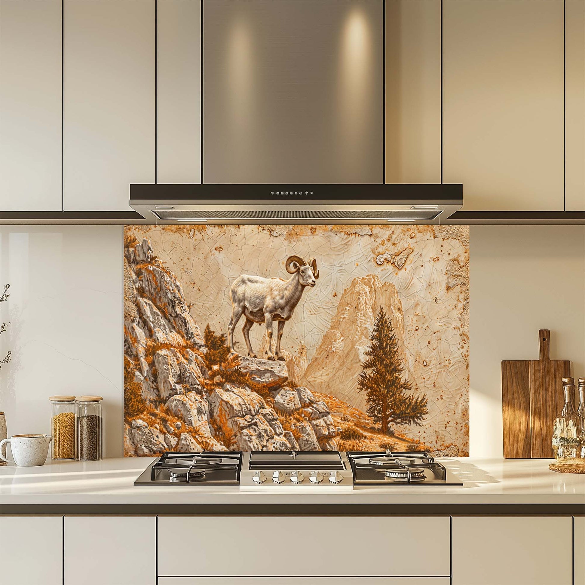 Kitchen with a decorative glass backsplash featuring a mountain scene with a ram.